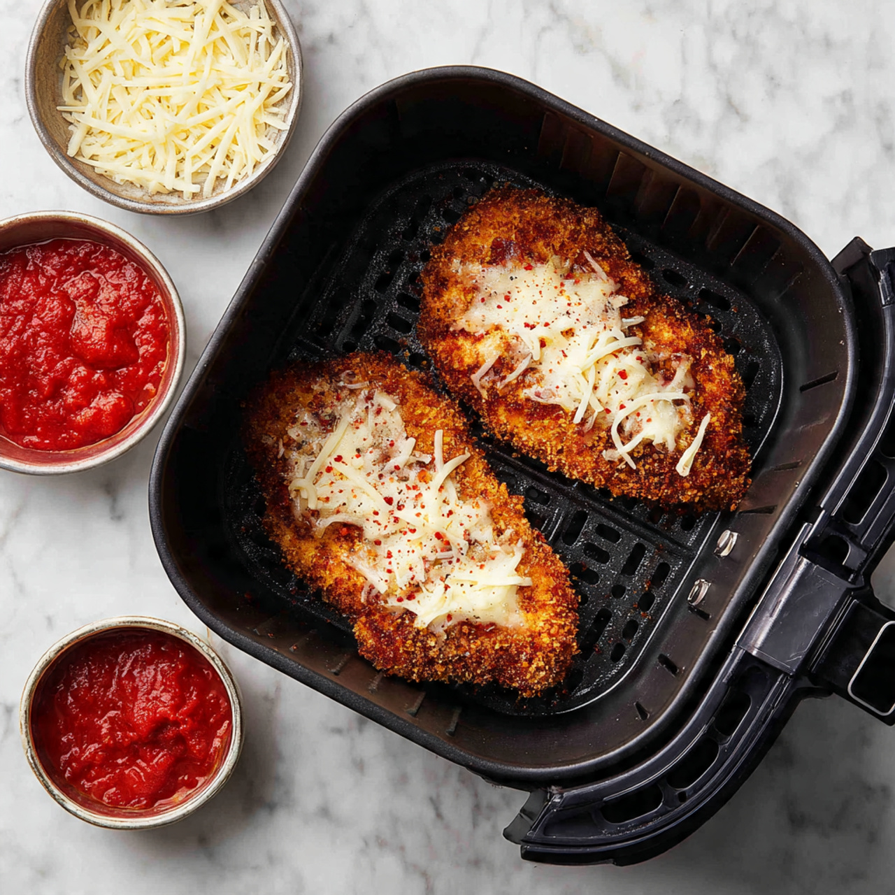 Crispy Air Fryer Chicken Parmesan Recipe 4 Two pieces of breaded chicken with a light golden color and a coarse, crunchy texture lie flat inside a black air fryer basket. The chicken pieces show scattered light shreds of cheese on top, adding a slightly softer texture to the breading. Around the basket, there are small white bowls – one filled with shredded cheese and another with a red sauce – all placed on a white marbled surface. Photo taken with an iphone --ar 4:5 --v 7