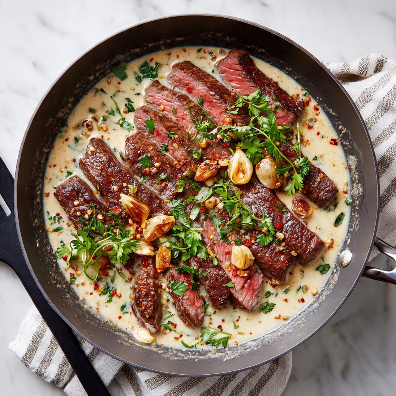 A pan holds several thick slices of medium-rare steak with a pink center and browned edges, laid out in a slightly overlapping row. The steak is topped with light brown creamy sauce, two small roasted garlic cloves, and sprigs of fresh green herbs. The sauce pools around the base of the steak, showing a smooth texture with specks of herbs and pepper. A black spatula rests on the left side of the pan. The pan sits on a white marbled surface with a gray and white striped cloth partially underneath. photo taken with an iphone --ar 4:5 --v 7