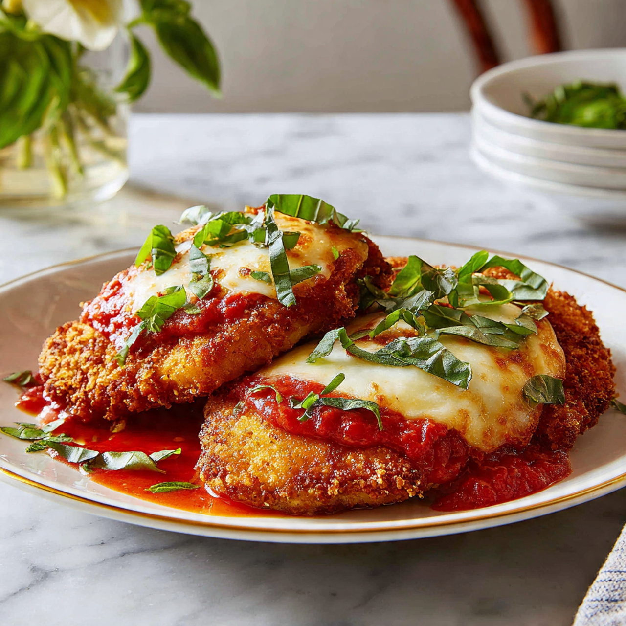 Crispy Air Fryer Chicken Parmesan Recipe 5 The dish shows two pieces of breaded and fried cutlets laid flat on a white plate with a gold rim. Each cutlet has three layers: the bottom layer is golden brown and crunchy from the breading, the middle layer is bright red tomato sauce spread evenly, and the top layer is melted white cheese sprinkled with fresh green basil leaves spread across the surface. The plate is set on a white marbled background with a slight focus on the food in the foreground. Some other parts of the dish and table elements are blurred in the background. Photo taken with an iphone --ar 4:5 --v 7