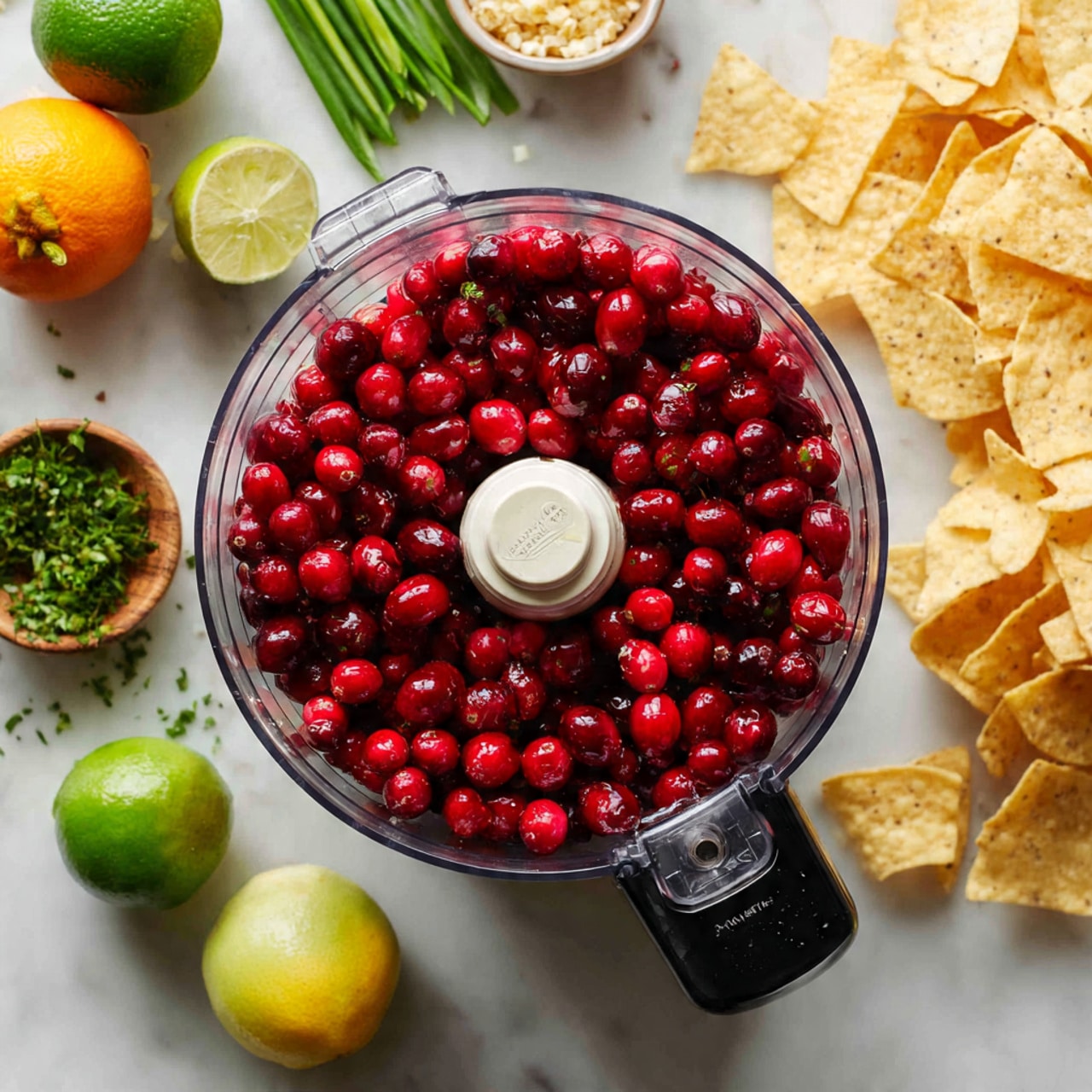 A close-up view of a white food processor filled tightly with bright red cranberries, creating one solid layer inside its clear plastic bowl, showing shiny and smooth textures. Around it, there are cut citrus halves in green and yellow hues placed on a white marbled surface, along with fresh green onions and a torn piece of a beige chip bag slightly open to reveal tortilla chips inside. The overall scene is vibrant and fresh with contrasting colors and textures. photo taken with an iphone --ar 4:5 --v 7