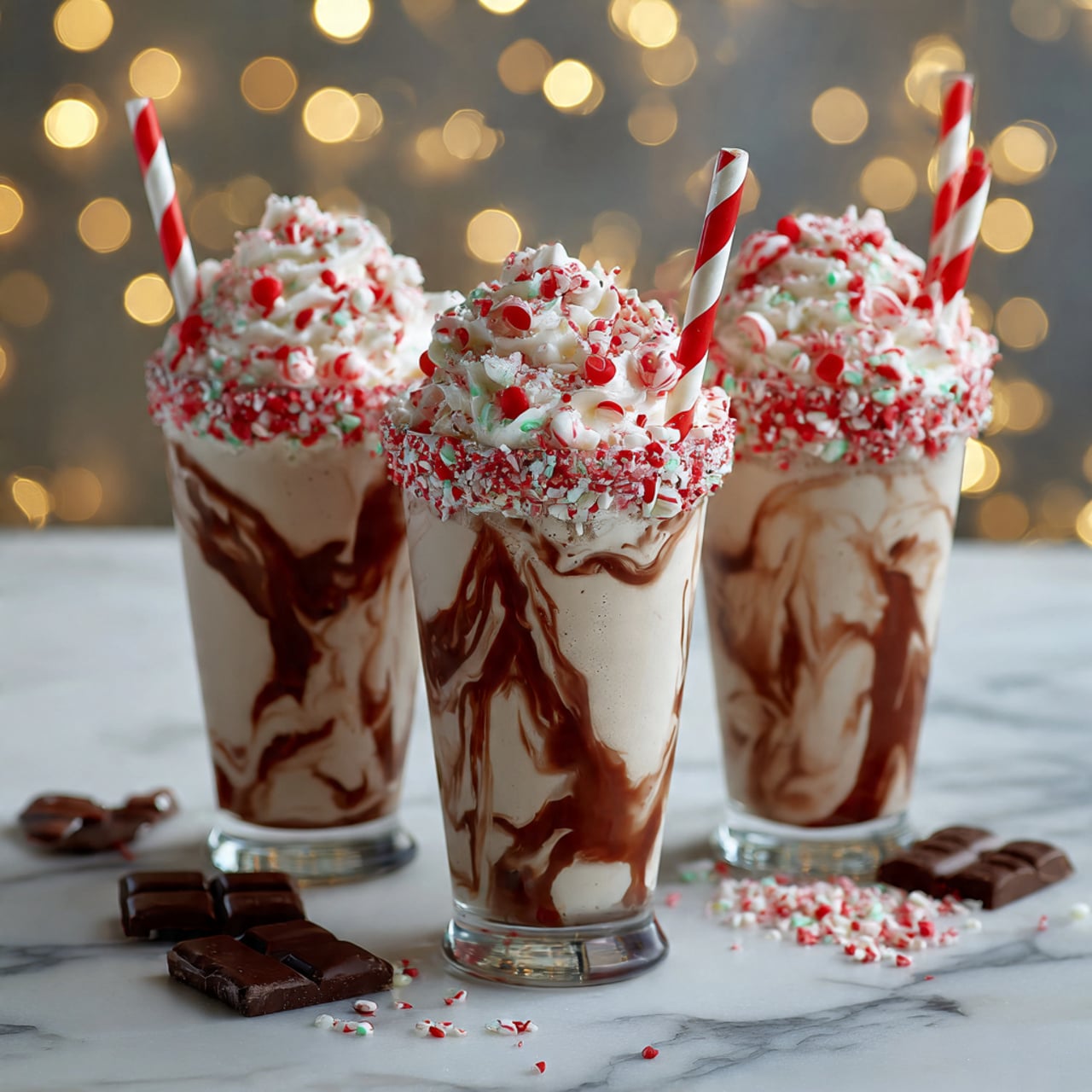 There are three clear glasses filled with a creamy light beige drink that has dark chocolate swirls inside. The rims of the glasses are covered with crushed red candy pieces. Each glass is topped with whipped cream and sprinkled with more crushed red candy. Red and white striped paper straws stand upright in each glass. The glasses sit on a white marbled surface with scattered dark chocolate chunks and crushed red candy around them. The background has warm soft yellow lights creating a cozy glow. Photo taken with an iphone --ar 4:5 --v 7