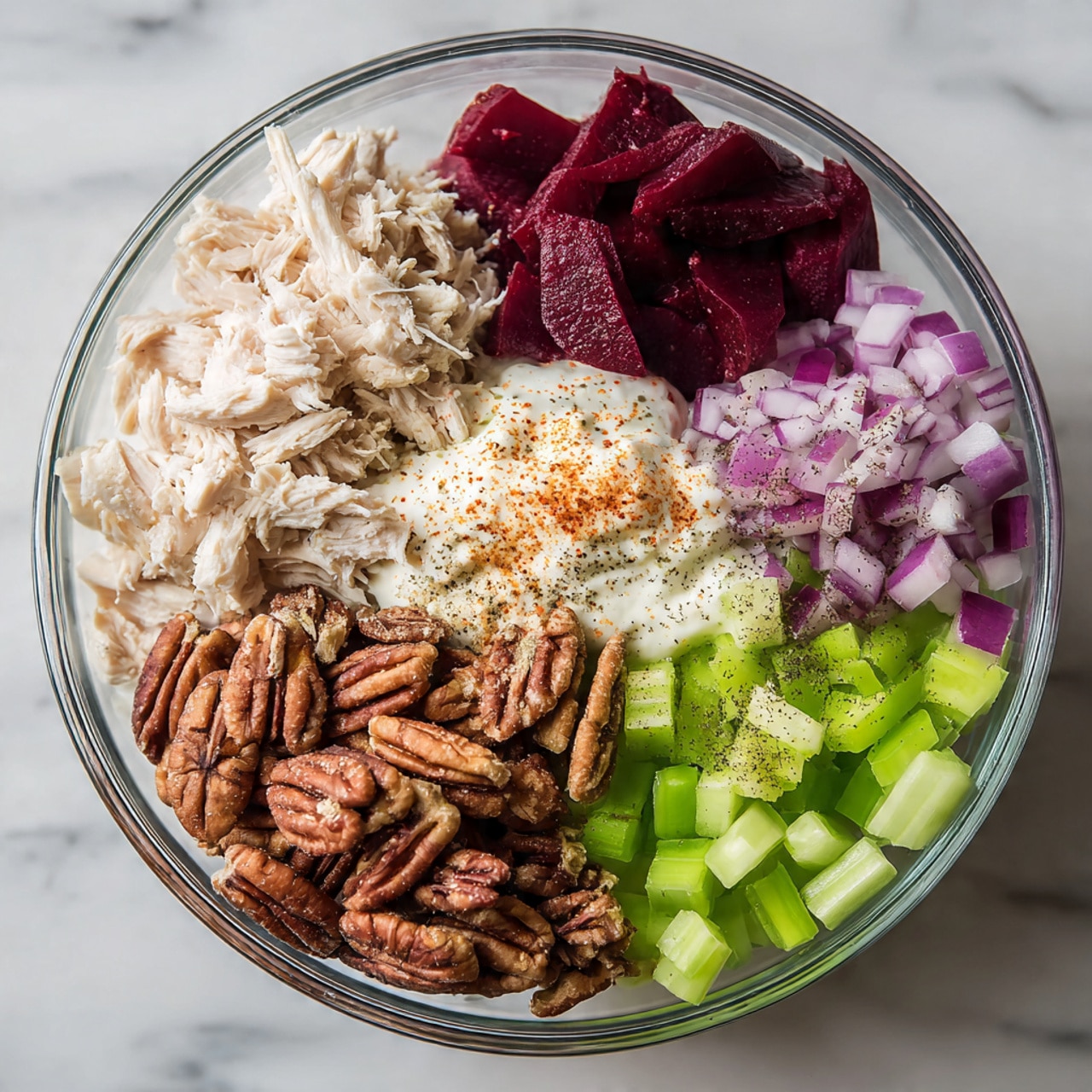 A clear glass bowl on a white marbled surface holds six separate layers of ingredients arranged side by side. Starting at the top left, there is a pile of light beige shredded chicken, next to it on the right are dark red halved grapes, followed by small chopped purple-red onion pieces. Below the grapes and onion is a creamy white layer of yogurt sprinkled with orange seasoning. Moving left from the yogurt, there is a large cluster of brown pecan nuts, and finally, at the bottom left, a pile of small green celery cubes topped with a sprinkle of black pepper. The layers are distinct with different colors and textures, forming a colorful, fresh mix. Photo taken with an iphone --ar 4:5 --v 7