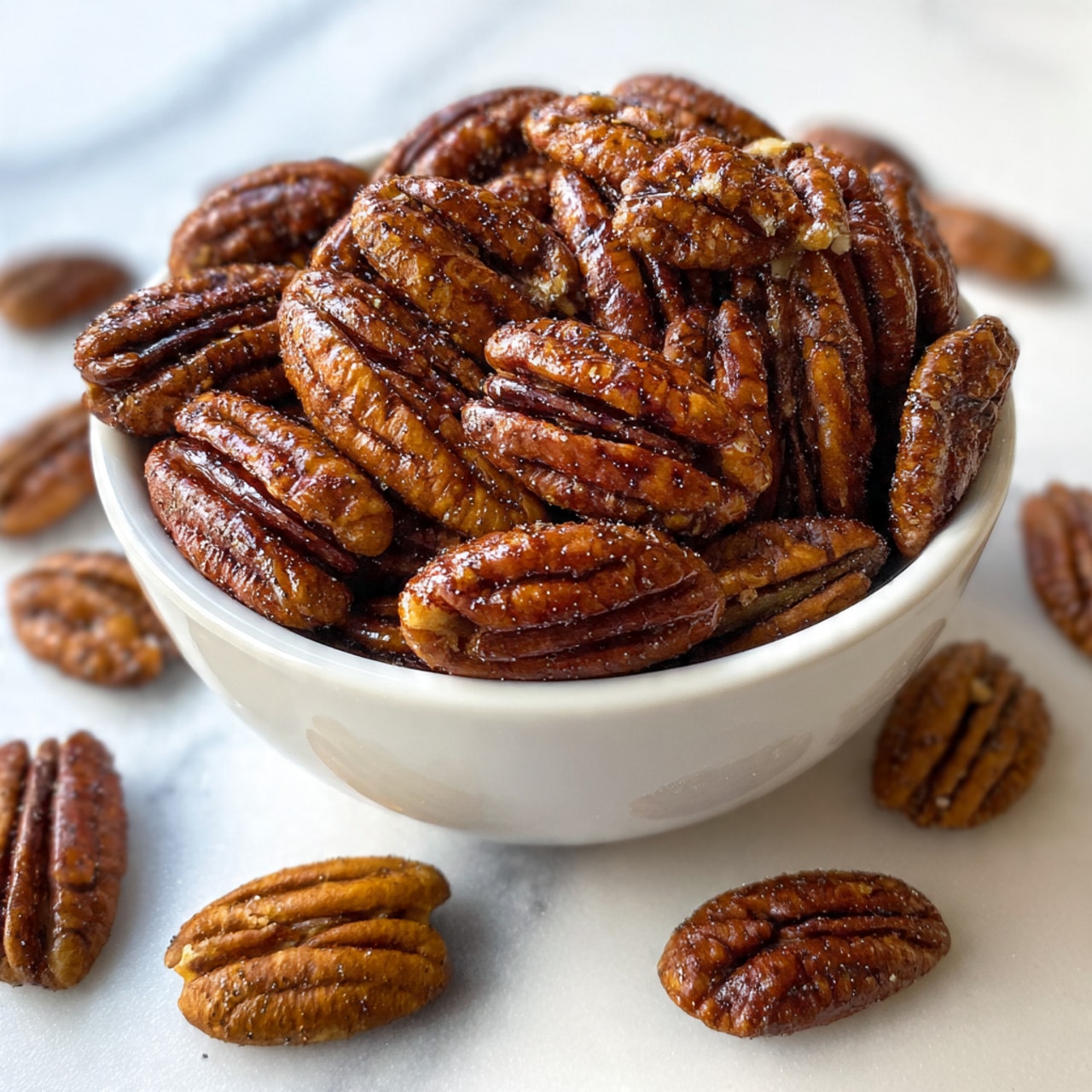 A white bowl filled with shiny, dark brown pecans that have a coarse texture, looking slightly oily and coated with a fine layer of seasoning. The pecans inside the bowl are closely packed and appear crispy. Outside the bowl on a white marbled surface, a few pecans lay scattered, showing their rich, warm tones and crunchy texture. The photo taken with an iphone --ar 4:5 --v 7