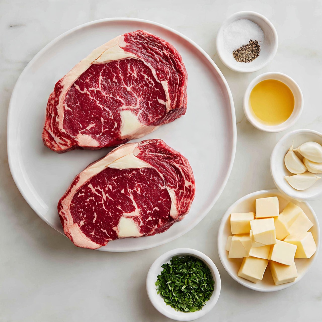 The image shows a large white plate with two raw ribeye steaks side by side, each steak having deep red meat with veins of white fat around and inside them. Below the plate, there are nine small white bowls arranged in a grid on a white marbled surface. The top row has bowls containing white salt crystals, yellow cubes of butter, and white cream. The middle row holds a golden liquid, a light powdery cheese, and small chopped white garlic pieces. The bottom row contains a darker amber liquid, coarse brownish-black pepper, and finely chopped green herbs. The layout is clean and organized, with bright colors standing out against the white bowls and background. Photo taken with an iphone --ar 4:5 --v 7