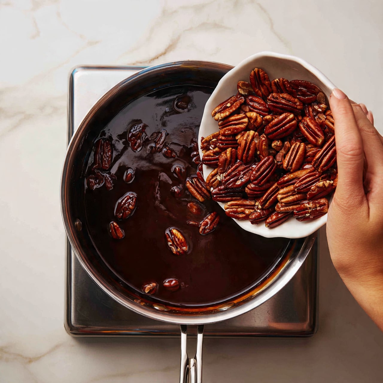 A silver pan sits on a stove with a shiny dark brown syrup layer spread inside it. A woman's hand is shown pouring many whole pecan halves from a white bowl into the syrup, creating a rich mix of glossy caramel and nut shapes. The syrup has a smooth and thick texture, while the pecans are varied shades of brown with a firm, slightly wrinkled surface. The scene shows the pan close up from above, with the edge of the stove lightly visible. The background is a white marbled texture photo taken with an iphone --ar 4:5 --v 7