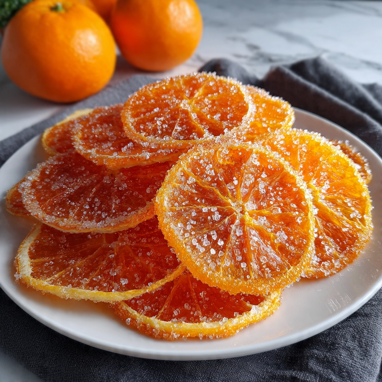A white plate is filled with six round, thin slices of candied orange, each slice showing a translucent, glossy orange center with light orange edges covered evenly in a layer of white sugar crystals. The slices are overlapping and arranged to cover the plate’s surface in a slightly overlapping fashion. The plate sits on a dark gray cloth with a soft texture, and in the background there are two whole fresh oranges with bright orange peel. The whole scene is set on a white marbled surface. photo taken with an iphone --ar 4:5 --v 7
