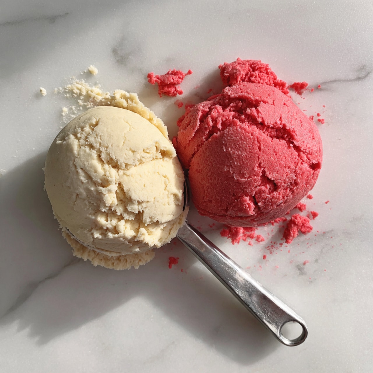 The image shows two small scoops of sorbet placed on a white marbled surface. The scoop on the left is bright red with a smooth and slightly textured surface, while the scoop on the right is pale yellow with a soft, creamy texture. Below the scoops lies a shiny silver measuring spoon labeled