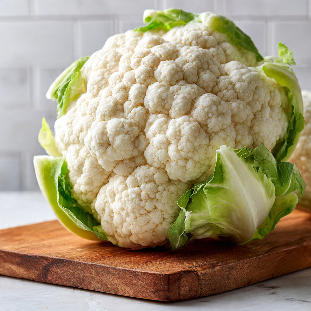 A close-up photo of a whole cauliflower sitting on a wooden board placed on a white marbled surface. The cauliflower has a dense, bumpy white head made up of many small clusters tightly packed, with a few light green leaves at the base. The background shows white tiled walls slightly blurred. The texture of the cauliflower looks fresh and firm with natural water droplets visible. Photo taken with an iphone --ar 4:5 --v 7