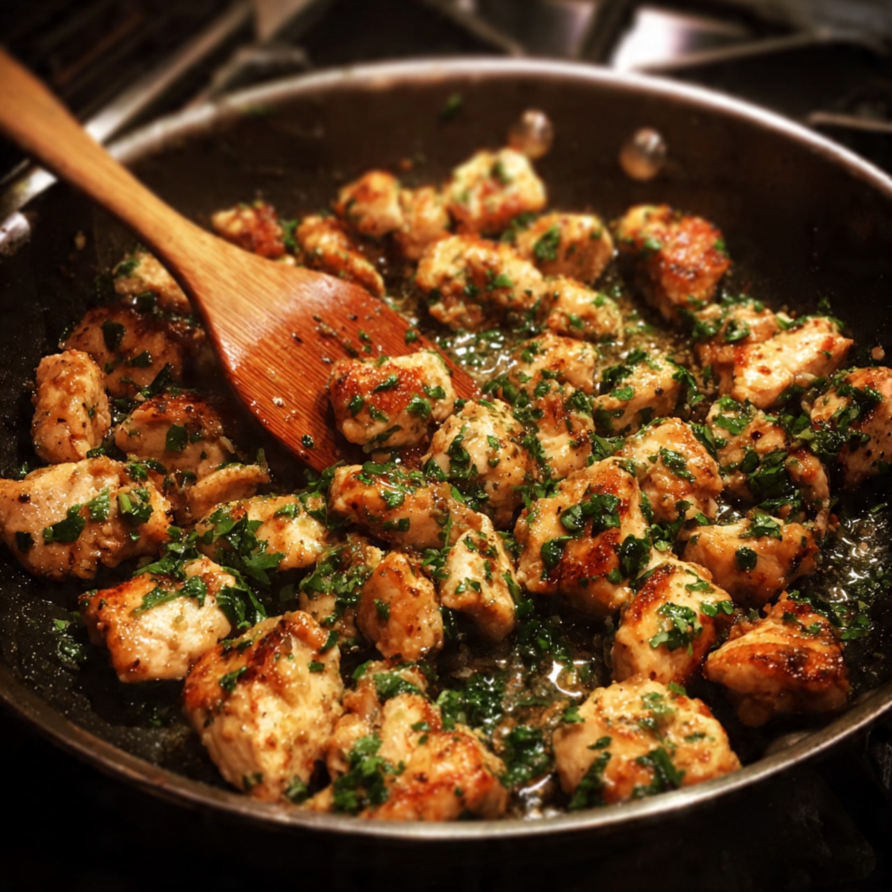 The image shows many pieces of golden-brown cooked chicken in a pan, each piece having a lightly crispy texture with some charred marks. The chicken chunks are coated with small bits of green herbs scattered all over them, giving a fresh and colorful contrast. There is a wooden spatula partially visible, moving through the chicken. The pan's dark surface contrasts well with the golden chicken and green herbs, making the colors pop. The scene is simple and focuses closely on the food, highlighting the texture and freshness. photo taken with an iphone --ar 4:5 --v 7