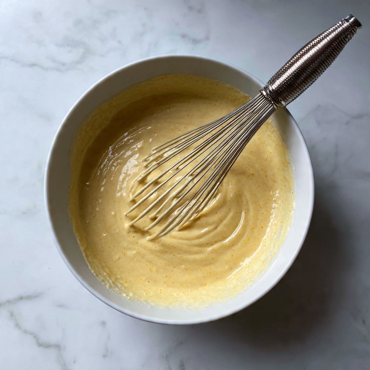 A white bowl filled with smooth, creamy beige batter sits on a white marbled surface. Inside the bowl, a silver whisk is partially dipped into the batter with drops clinging to its wires. The texture of the batter looks thick but smooth, and the bowl's round edges frame the mixture neatly. The scene is bright and clean, emphasizing the shiny wires of the whisk and the soft color of the batter photo taken with an iphone --ar 4:5 --v 7