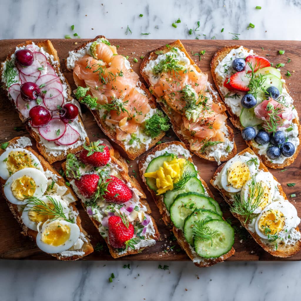 Easy Canapés with Ricotta, Smoked Salmon, Fresh Fruits, and Herb Toppings Recipe