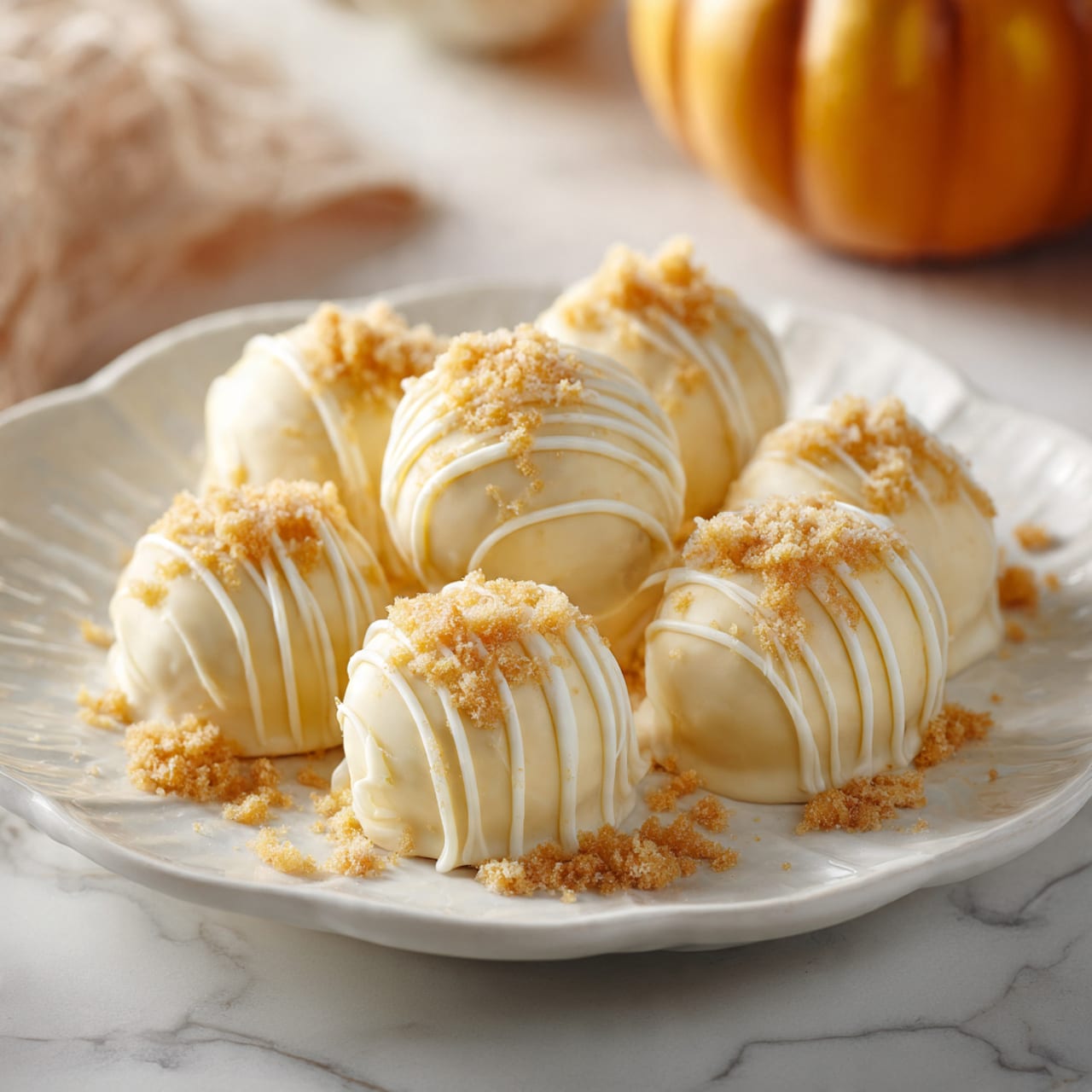 A white scalloped plate holds several round, smooth white chocolate-covered treats. Each treat is decorated with thin, curved drizzle lines of white chocolate that wrap around the top. Light brown crumbs are sprinkled over the tops, creating a gentle contrast against the white chocolate. The plate is set on a white marbled surface, and in the blurred background, a pumpkin shape adds an orange tone to the warm scene. photo taken with an iphone --ar 4:5 --v 7