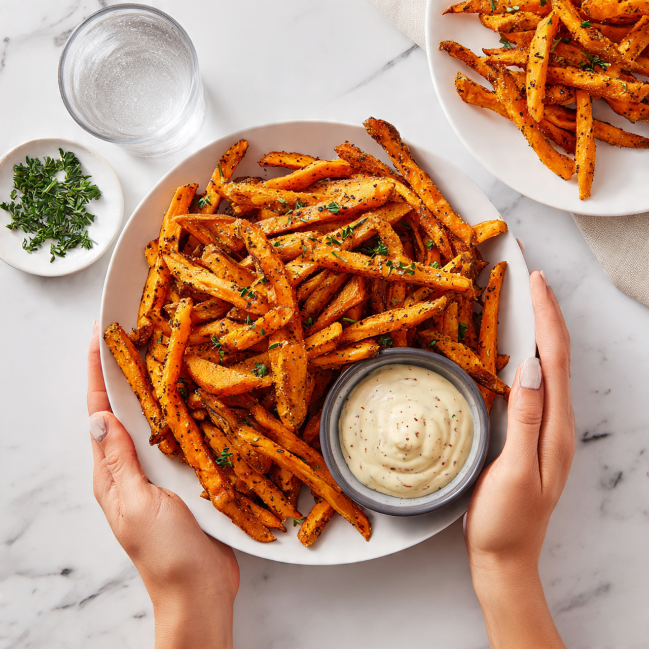 Cajun Sweet Potato Fries in the Air Fryer Recipe 5 A white plate filled with bright orange sweet potato fries sprinkled with black pepper and spices, arranged in a slightly messy pile. To the right on the plate, there is a small white bowl with creamy white dipping sauce. A woman's hand is reaching from the top right side to hold the plate, and another woman's hand is at the bottom right holding the plate gently. Nearby, a glass of water and a white bowl with more fries are visible. The background and surface are a white marbled texture, giving a clean and simple look. Photo taken with an iphone --ar 4:5 --v 7