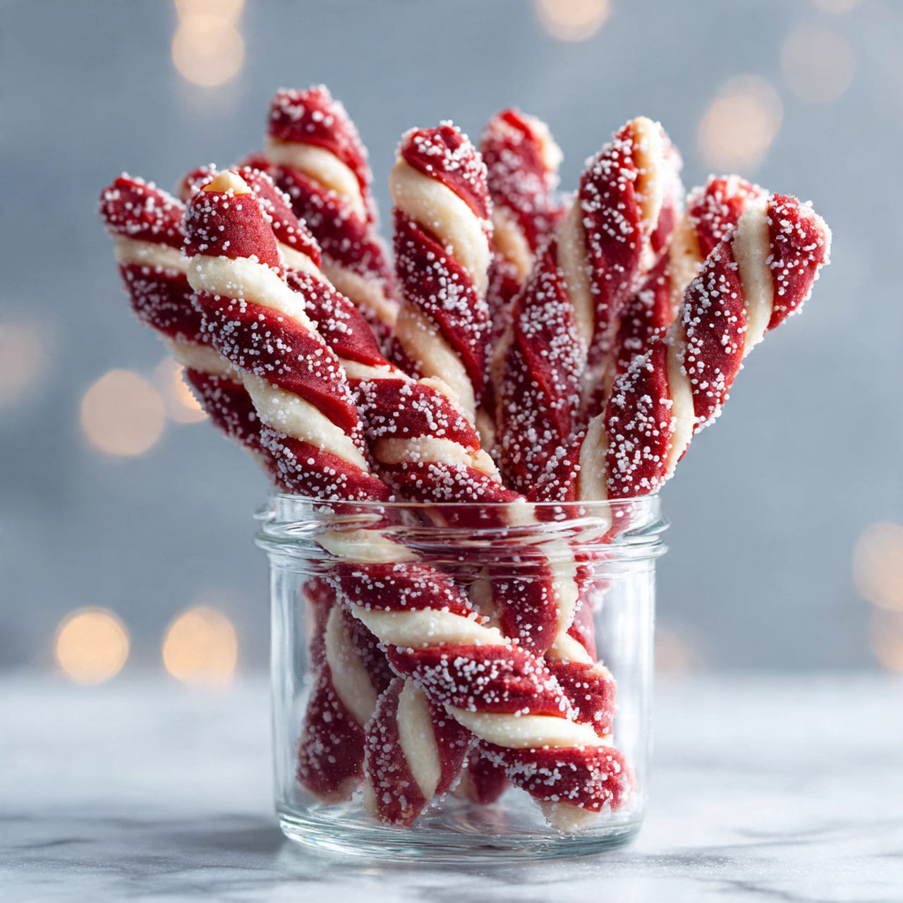 The image shows several candy cane-shaped cookies on a white tray placed over a white marbled surface with part of a red patterned cloth in the top left corner. Each cookie has two twisted layers, one bright red and one pale cream, spiraled evenly. The texture looks soft and slightly crumbly, with crushed light pink and white bits sprinkled on top, adding a rough texture over the smooth cookie layers. The candy canes have a gentle curve at one end and straight length on the other. Photo taken with an iphone --ar 4:5 --v 7