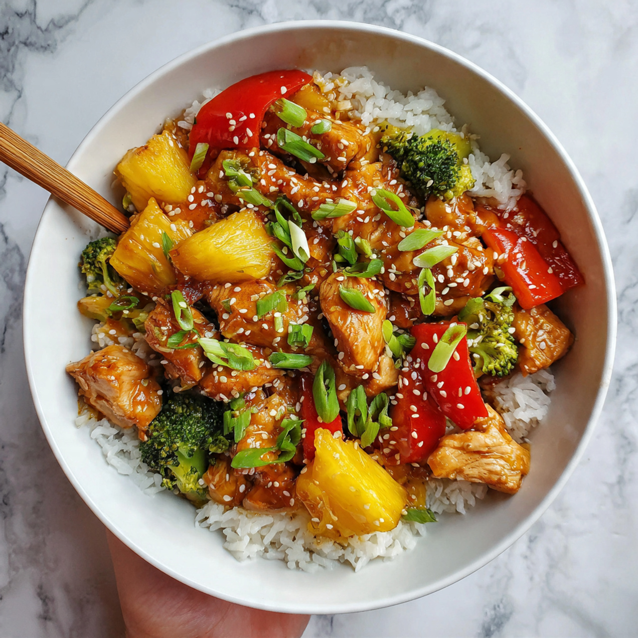 One Pan Pineapple Teriyaki Chicken Recipe 5 A white bowl filled with a colorful stir-fry made of three main layers: the bottom layer has pieces of light brown cooked chicken, the middle layer has bright yellow pineapple chunks and bright red bell pepper pieces, and the top layer shows vibrant green broccoli florets and sliced green onions sprinkled with white sesame seeds. A wooden spoon rests inside the bowl on the right side. The bowl is placed on a white marbled surface. photo taken with an iphone --ar 4:5 --v 7