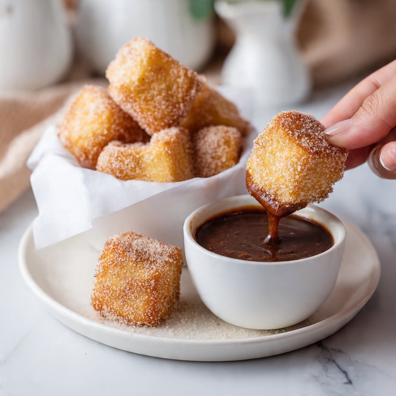 The image shows a pile of small, golden brown cube-shaped pieces covered with a sugar and cinnamon mix. These pieces have a slightly rough texture due to the cinnamon sugar coating. They are heaped inside a white bowl lined with white paper, placed on a white marbled surface. A few similar pieces are scattered lightly in the foreground, out of the bowl, giving a casual feel. In the background, there is a blurred white cup, adding softness to the scene. photo taken with an iphone --ar 4:5 --v 7