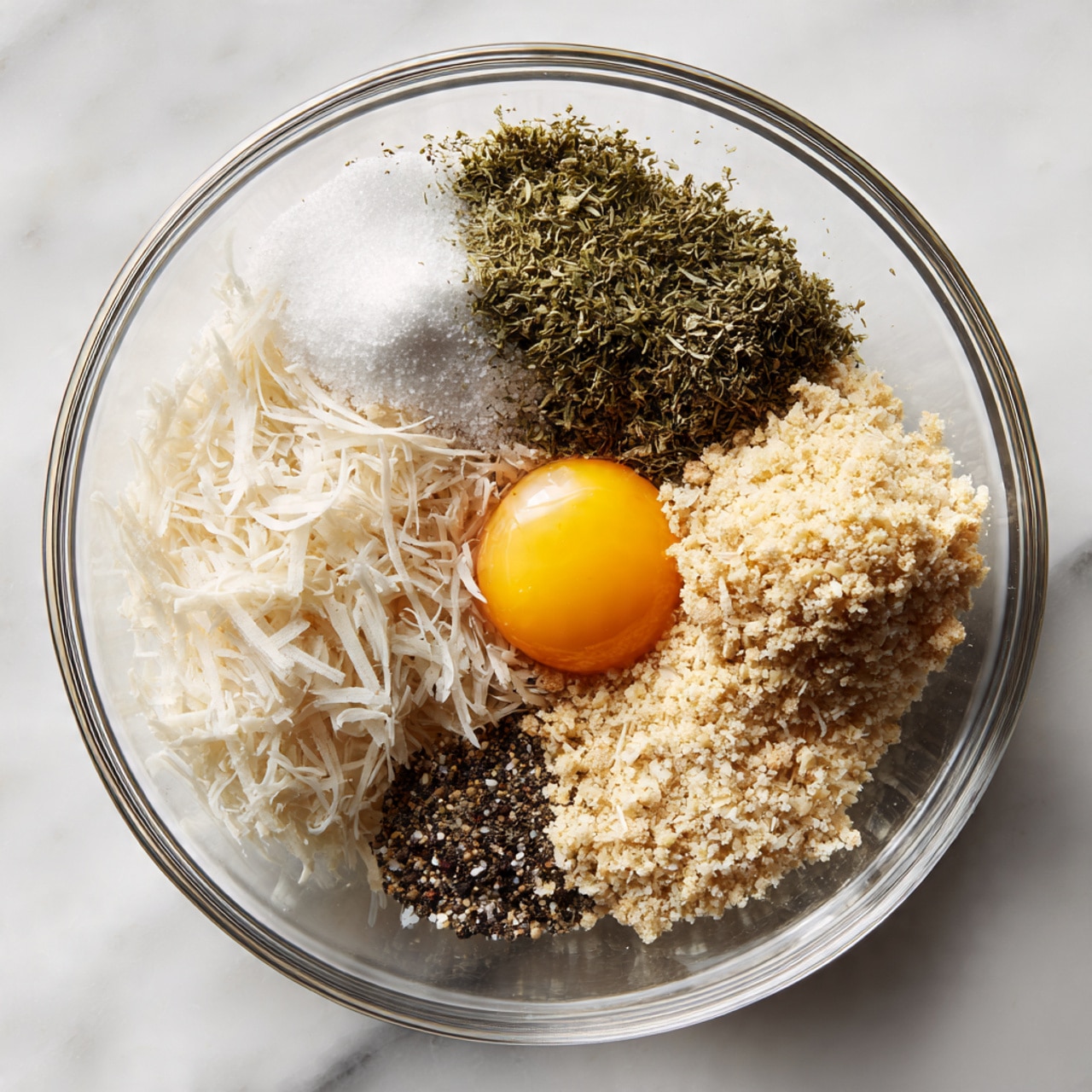 A clear glass bowl holds several ingredients layered and grouped clearly. At the bottom left, there are white shredded pieces with a soft texture. On top of this layer, near the bottom left, there is a pile of coarse black pepper. Just above the pepper, a small mound of coarse white salt sits. Near the center top, a pile of green dried herbs is placed. To the right side of the bowl, there is a mound of pale beige breadcrumbs with a rough texture. On the top right, a single raw egg yolk with a smooth and shiny surface sits, with the egg white surrounding it slightly. The bowl rests on a white marbled surface. photo taken with an iphone --ar 4:5 --v 7