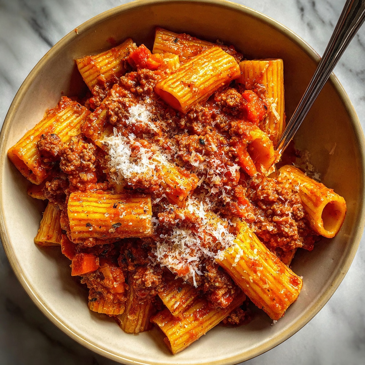 A beige bowl holds a single layer of rigatoni pasta coated in a thick red sauce with small pieces of ground meat and finely chopped carrots mixed in. The pasta is topped with scattered white grated cheese, adding a crumbly texture contrast. A fork rests inside the bowl on the left side, touching the pasta. The bowl sits on a white marbled surface with some scattered crumbs and droplets around it. photo taken with an iphone --ar 4:5 --v 7