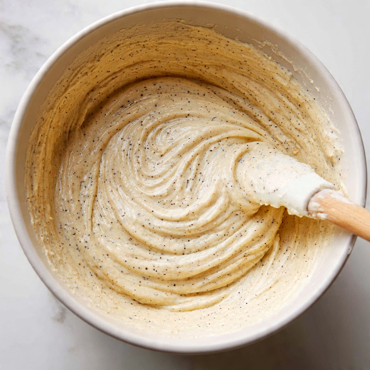A close-up image of a mixing bowl showing a creamy light beige batter with black specks sprinkled on top, giving a textured look. A white spatula with some batter stuck on it is partially dipped into the mixture on the right side. The bowl itself and the visible surface beneath have a white marbled texture. The batter looks smooth but thick with some swirls and folds from mixing. photo taken with an iphone --ar 4:5 --v 7