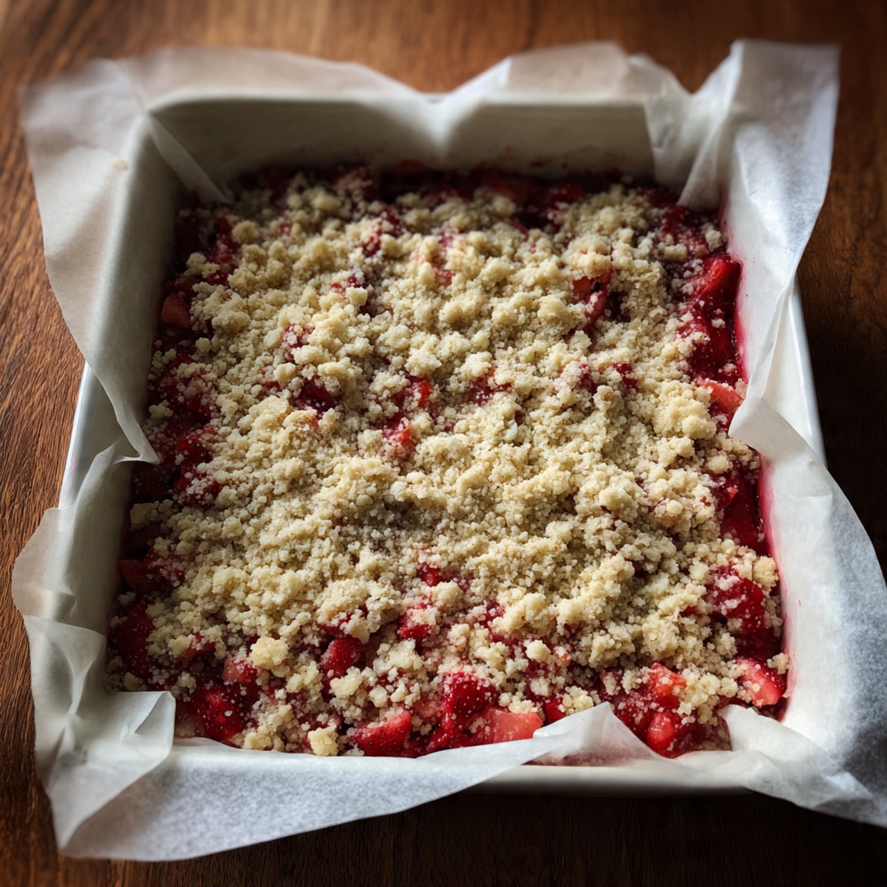A close-up view of a white baking dish with three layers visible inside: the bottom layer is a smooth, bright red sauce evenly spread, the top layer consists of light beige crumbled dough or streusel spread unevenly over the red layer, with small clumps and pieces scattered around. The baking dish is placed on a wooden surface, and the dish liner is slightly peeled back on one side, showing the contents clearly. Photo taken with an iphone --ar 4:5 --v 7