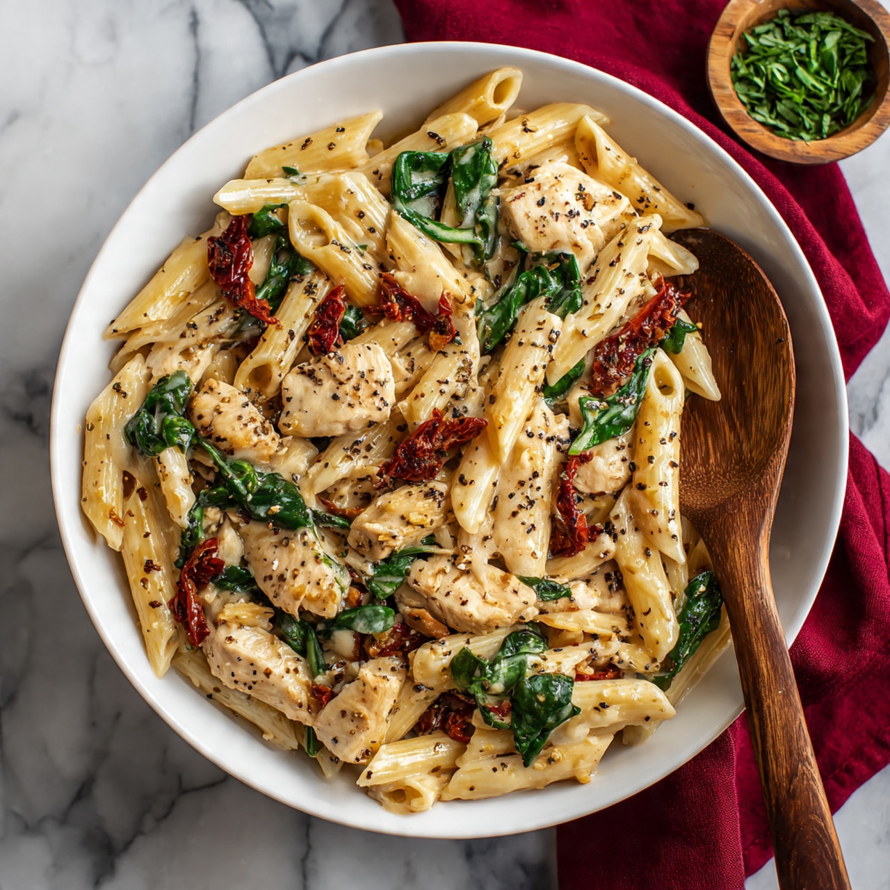 A white bowl filled with creamy pasta showing three main layers: the bottom layer with smooth, slightly orange creamy sauce, the middle layer of pale yellow penne pasta mixed evenly, and the top layer with chunks of white chicken, small pieces of dark red sun-dried tomatoes, and green spinach leaves scattered throughout; the dish is sprinkled lightly with black pepper. On the right side, a wooden spoon is partly dipped in the pasta with some sauce on it. The bowl is placed on a white marbled surface with a dark red cloth partly visible below. A small wooden bowl with green herbs is in the top right corner. photo taken with an iphone --ar 4:5 --v 7