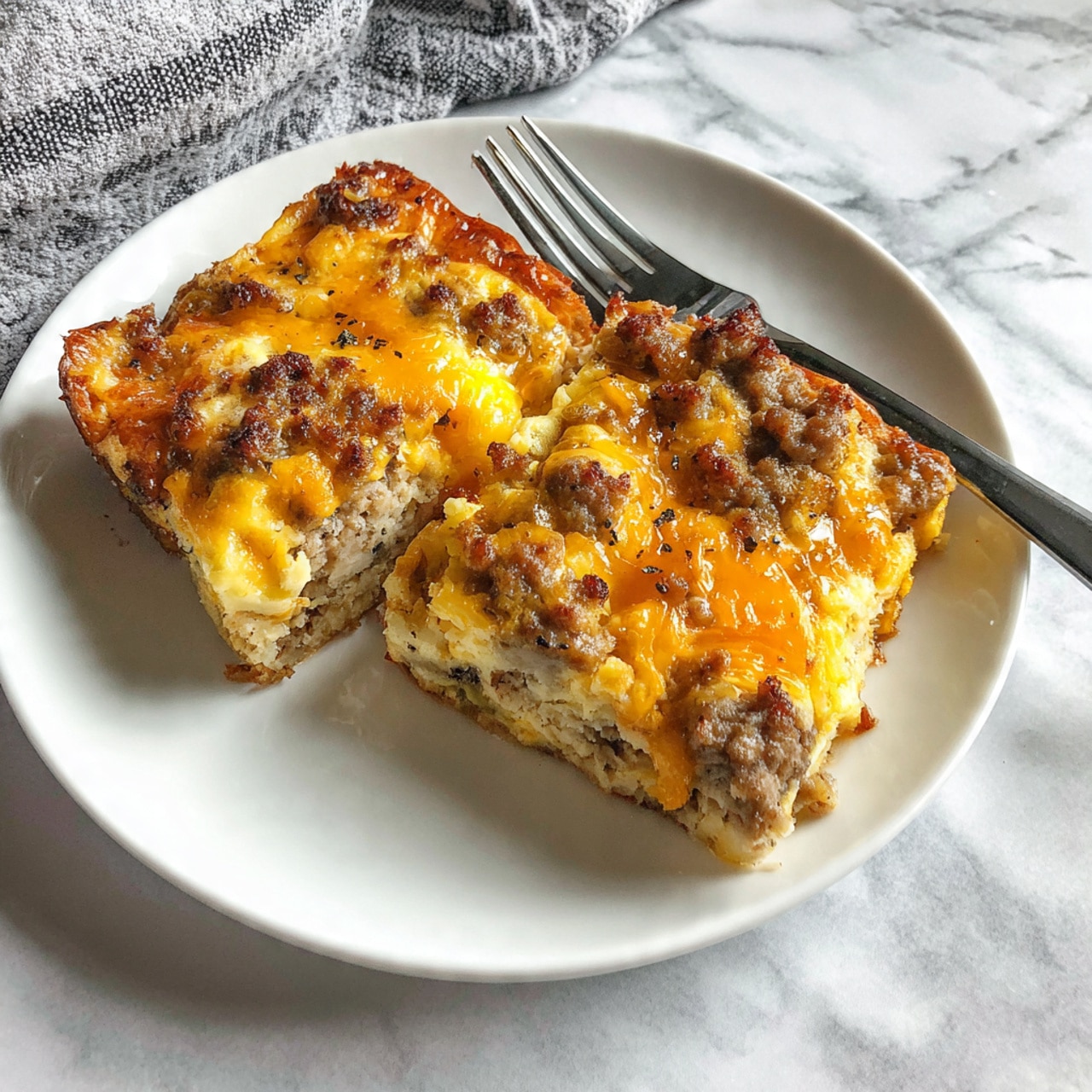 Two pieces of a savory baked dish are placed on a white plate with a dotted pattern. The dish has three visible layers: a golden-brown crust on the bottom, a middle layer of light yellow egg mixed with browned crumbled sausage, and a top layer of melted yellow cheese with darker browned spots. There is a glossy reddish-orange sauce dripped over the cheese layer. A silver fork with a white handle rests on the right side of the plate. The plate sits on a white marbled surface, and in the blurred background, there are more white dishes with similar food and a small glass container with the same reddish-orange sauce. photo taken with an iphone --ar 4:5 --v 7
