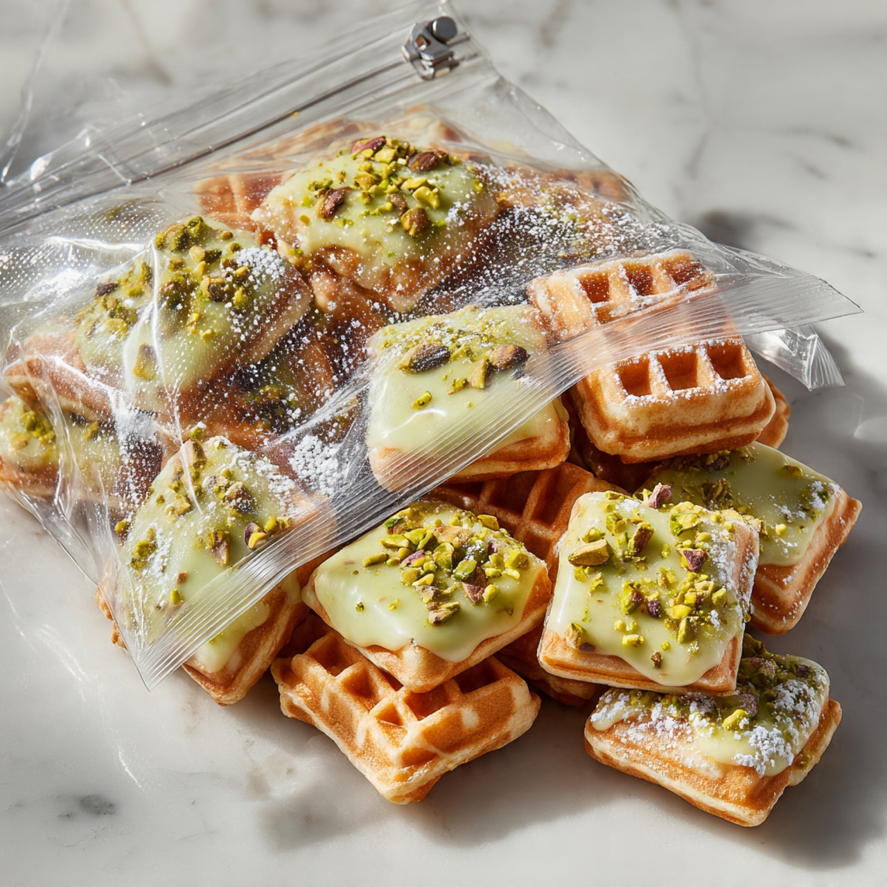 A clear zip-lock bag filled with small square waffle cookies, some coated evenly on one side with a smooth light green glaze sprinkled with chopped pistachios, while others are dusted with a light white powder. The cookies have a textured grid pattern and a pale beige color. The bag is placed on a white marbled surface with soft lighting highlighting the details of the glaze and toppings. photo taken with an iphone --ar 4:5 --v 7