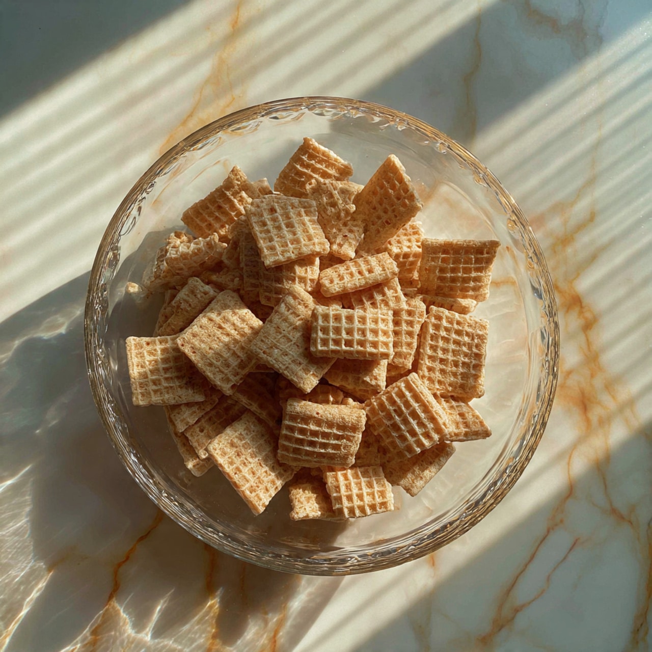 A clear glass bowl filled with small, light brown, square cereal pieces that have a ridged texture and a soft, pillow-like shape, all piled loosely inside the bowl. The bowl sits on a white marbled surface with warm gold and tan veins running through it, giving a clean and bright look. photo taken with an iphone --ar 4:5 --v 7