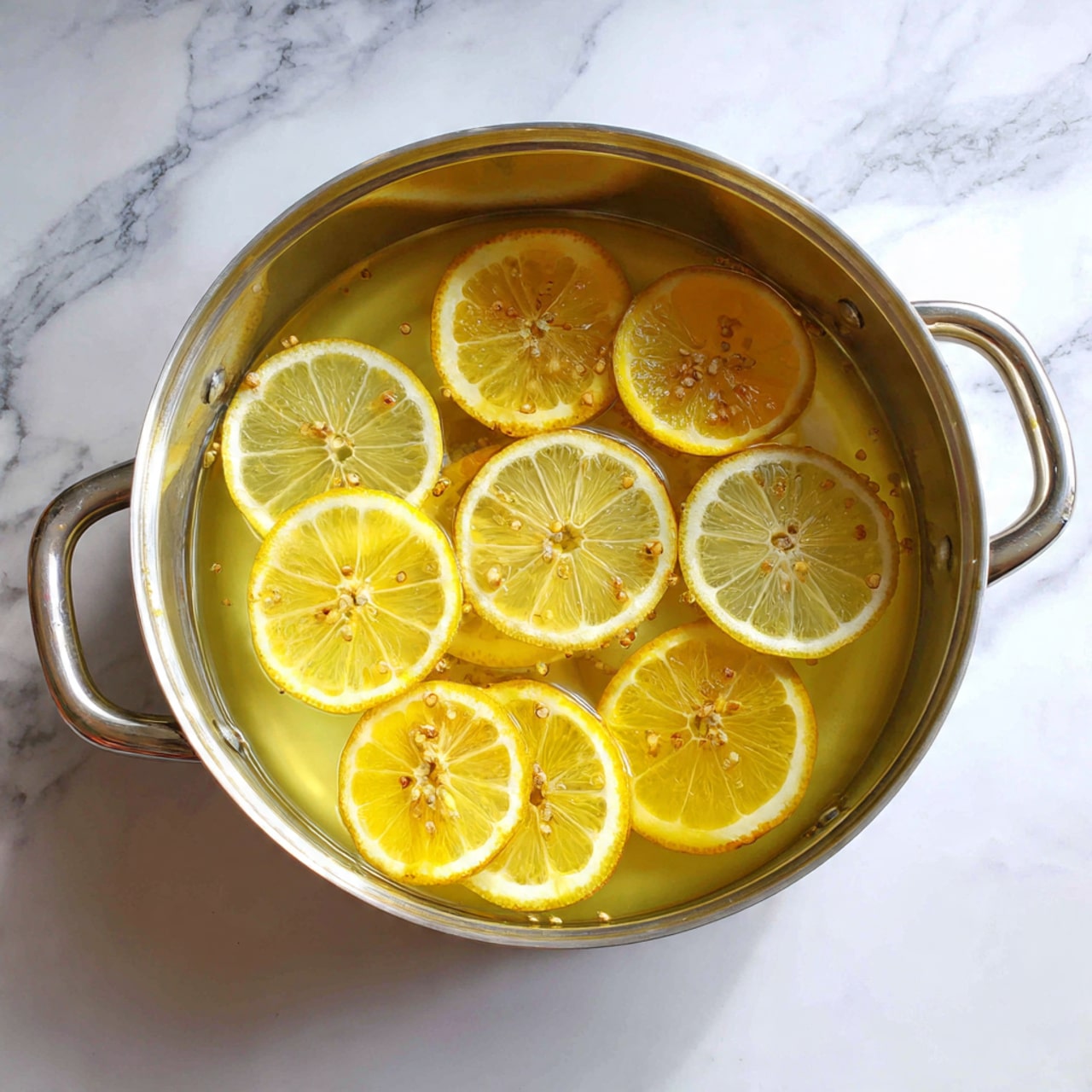 A metal pot filled with a clear, light yellow liquid with many thin, round lemon slices floating on the surface, each slice showing bright yellow peel and pale yellow flesh with small seeds visible, the pot placed on a white marbled surface. photo taken with an iphone --ar 4:5 --v 7