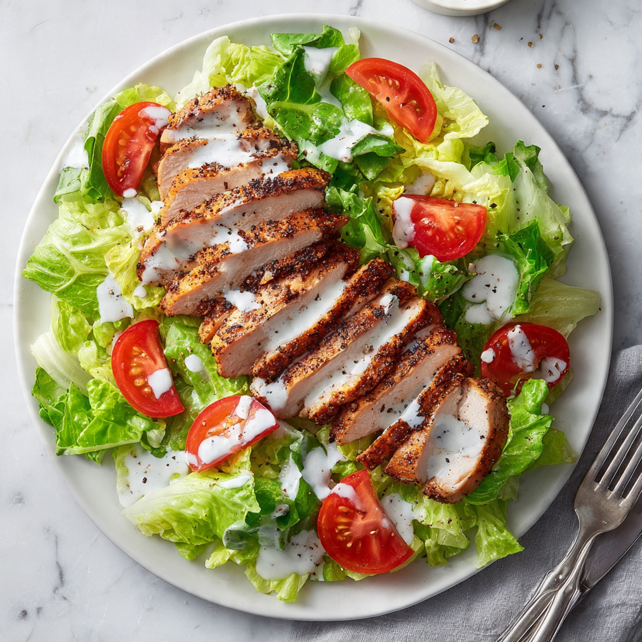 A white plate is filled with fresh green leafy lettuce and kale as the base layer, topped with halved red grape tomatoes scattered across. On top of the salad lies a neatly sliced grilled chicken breast with a brown seasoned crust, arranged in a row across the middle of the plate. White creamy dressing is drizzled over the salad and chicken, adding contrast. A silver fork is placed on the right side of the plate. The plate rests on a white marbled surface with salt and pepper shakers nearby. Photo taken with an iphone --ar 4:5 --v 7