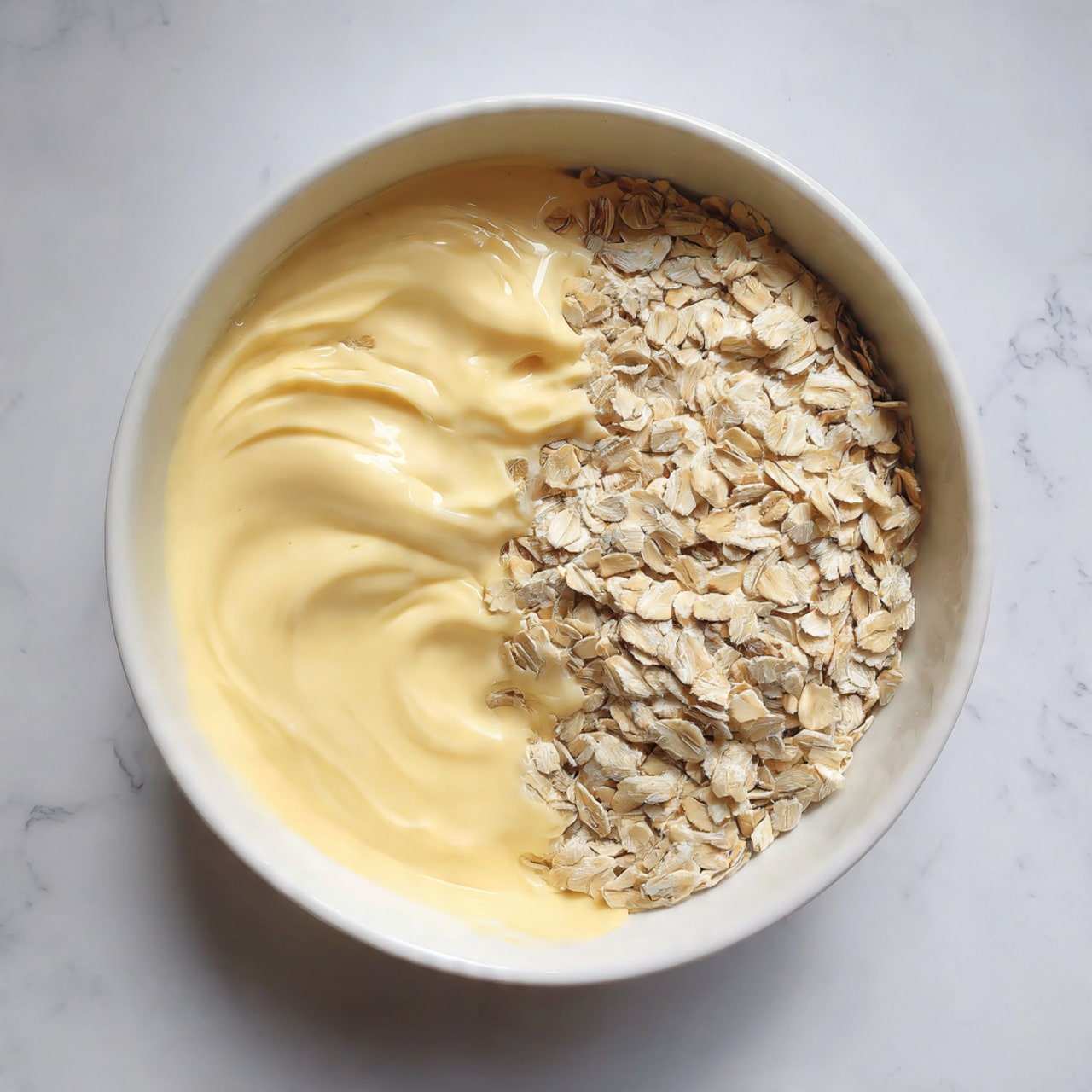 A white bowl is filled about halfway with a layer of light beige rolled oats that have a rough and flaky texture. On the left side of the oats, a smooth, pale yellow creamy substance is placed, creating a clear contrast between the two layers. Both textures are distinct, with the oats looking dry and grainy and the creamy layer appearing soft and thick. The bowl is set on a white marbled textured surface photo taken with an iphone --ar 4:5 --v 7
