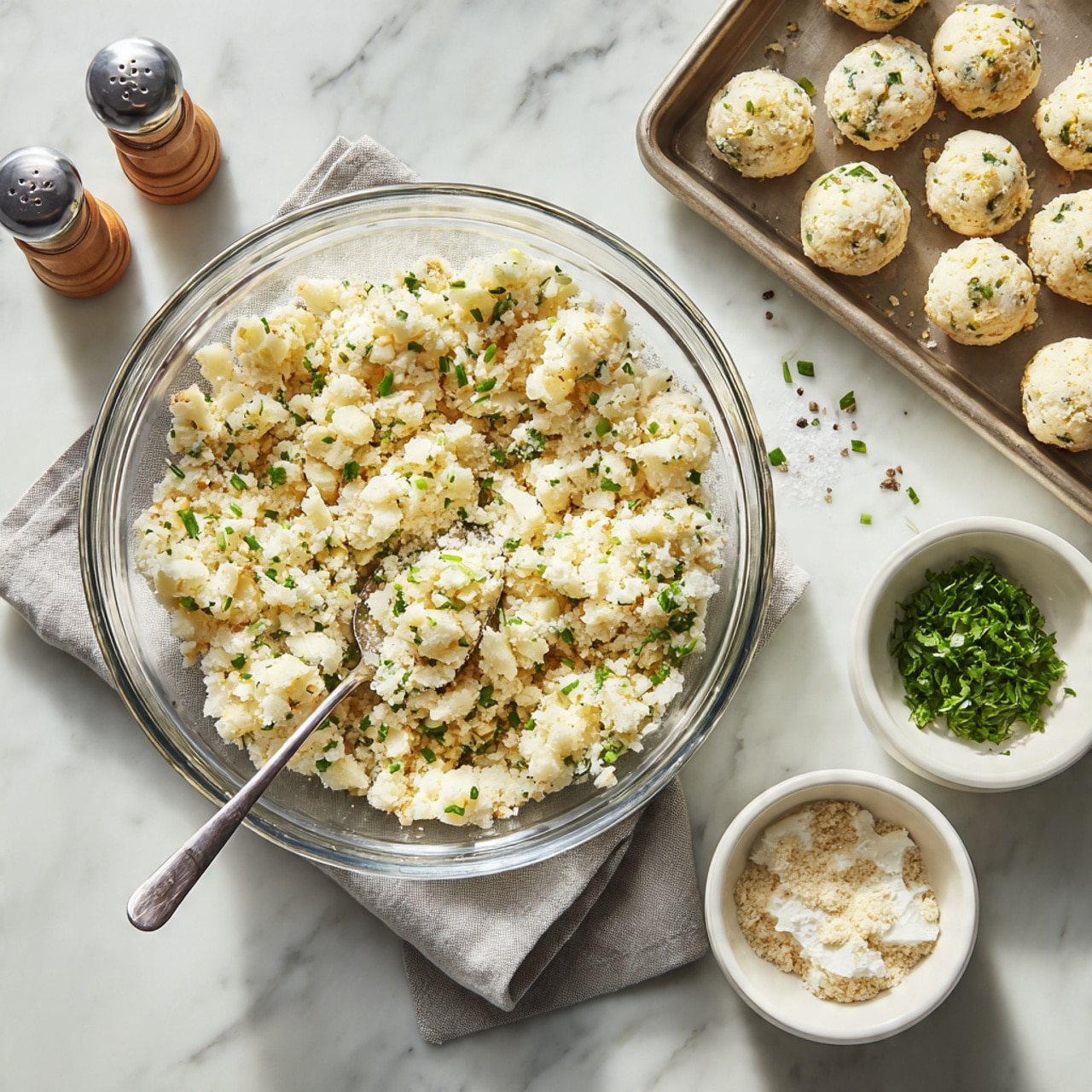 The image shows a clear glass bowl with one layer of a crumbly, light beige and white mixture with green specks, and a silver spoon inside. To the right, there is a metal tray with two rows of small, round balls made from the same mixture. Below the tray, there is a small white bowl with chopped green herbs, another white bowl with a beige powder, and a white bowl with a white creamy substance with visible lumps. The setting is on a white marbled surface with a light gray cloth under the glass bowl, and there are salt and pepper shakers in the top left corner. photo taken with an iphone --ar 4:5 --v 7