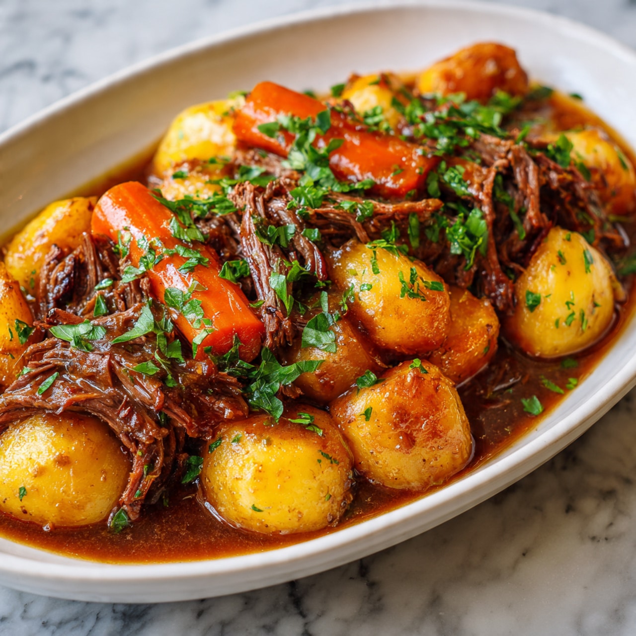 A white oval dish filled with a stew made of three main layers: the bottom layer is chunks of golden brown potatoes with a soft texture, the middle layer shows thick, round pieces of bright orange carrots, and the top layer features shredded dark brown beef pieces covered in a shiny brown gravy. The stew is sprinkled with small green herb bits throughout, and a few fresh, whole green parsley leaves sit on top as garnish. The dish is placed on a white marbled surface with a green leafy garnish visible in the background. photo taken with an iphone --ar 4:5 --v 7
