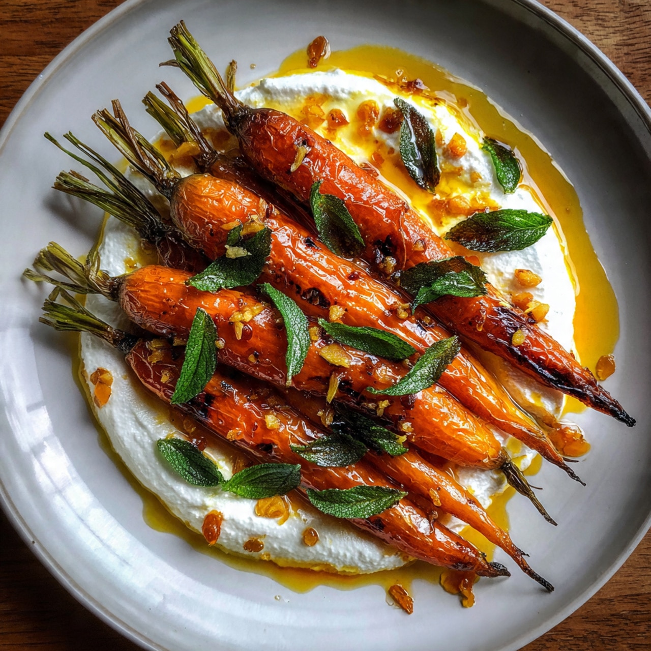 The image shows a white plate with a white marbled surface underneath. On the plate, there are several long roasted carrots placed side by side in one layer. The carrots are shiny and caramelized, with a rich orange-brown color and slight black specks from seasoning. They lie on a smooth white creamy sauce spread thinly across the plate, and a golden brown sauce is drizzled over the carrots and sauce. Small green carrot leaves are scattered on top and around the carrots, adding fresh color. The overall look is warm and rustic. Photo taken with an iphone --ar 4:5 --v 7