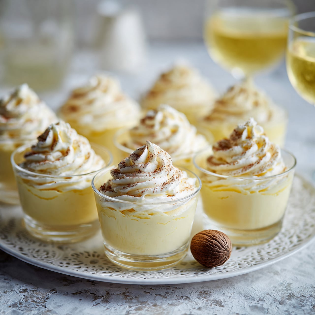 The image shows six small clear cups filled with a creamy pale yellow dessert topped with a white swirl of whipped cream and light brown sprinkles. The cups are arranged in two rows on a white plate with a delicate lace pattern. There is a whole nutmeg placed beside the cups on the white marbled surface. A blurred background includes part of a light yellow drink in a glass container. The whole scene has bright natural lighting. Photo taken with an iphone --ar 4:5 --v 7