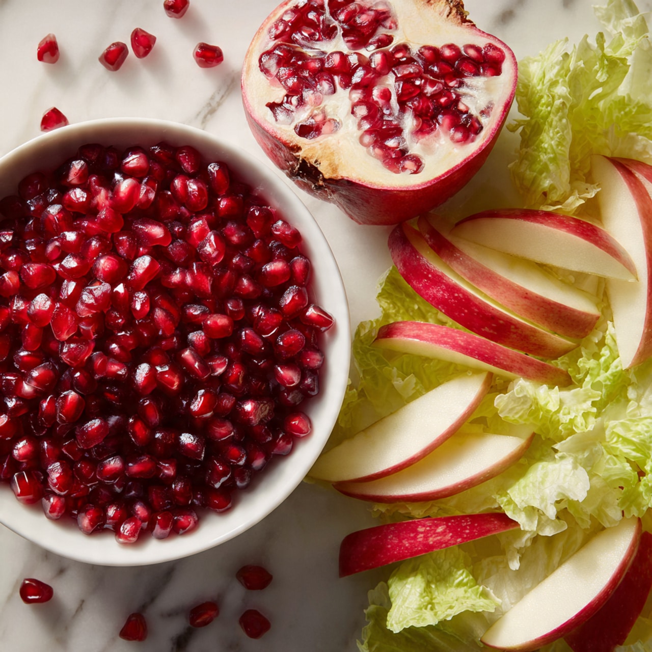 The image shows a close-up of a fresh salad arrangement on a white marbled surface. On the right, there is a white bowl filled with bright red, shiny pomegranate seeds and a half pomegranate with its seeds exposed. To the left of the bowl are thin slices of red and green apple, layered in a slightly fanned-out pattern. Surrounding the fruit are light green frilly lettuce leaves with a delicate texture. Scattered pomegranate seeds and small lettuce pieces lay on the white marbled surface in front. The colors are vivid with contrast between the deep red seeds, pale apples, and fresh green leaves. Photo taken with an iphone --ar 4:5 --v 7