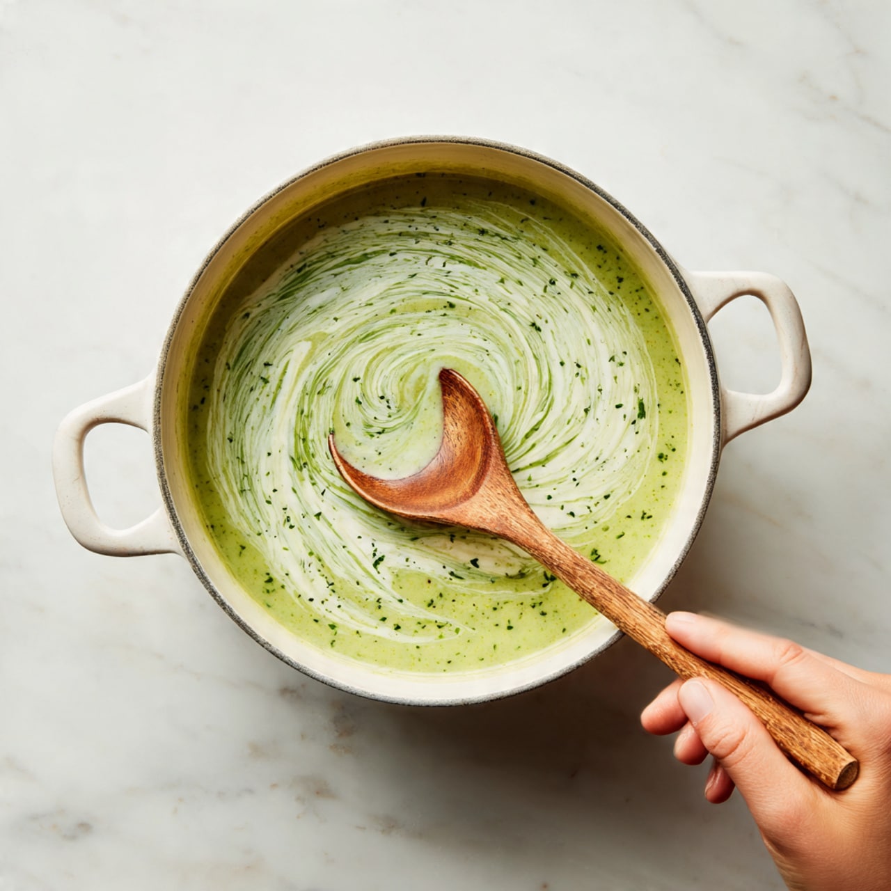 A white pot filled with green soup that has a smooth, creamy texture. There are swirls of white cream on the surface of the soup, creating a marbled pattern. A wooden spoon is stirring in the soup from the right side, held by a woman's hand. The pot is placed on a white marbled surface. photo taken with an iphone --ar 4:5 --v 7