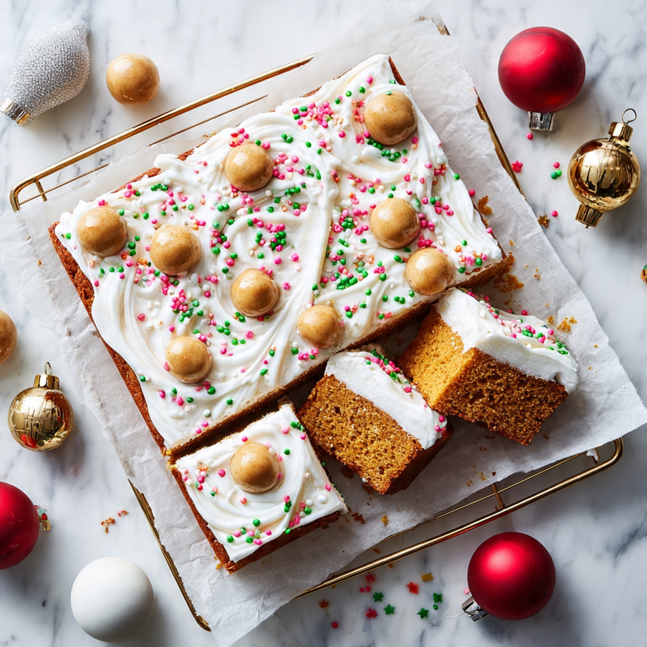 A rectangular cake with one thick golden brown layer is topped with a smooth white frosting spread evenly in a swirling pattern. On top of the frosting, there are light tan round truffles scattered mostly around the edges and some colorful sprinkles in red, green, pink, and yellow dotting the surface. The cake is cut into nine pieces, with three pieces slightly moved away from the main cake revealing the golden brown cake inside. The cake sits on white parchment paper on a gold wire rack, all placed on a white marbled surface. Around the setting are red, white, and gold Christmas ornaments and extra sprinkles scattered lightly. Photo taken with an iphone --ar 4:5 --v 7