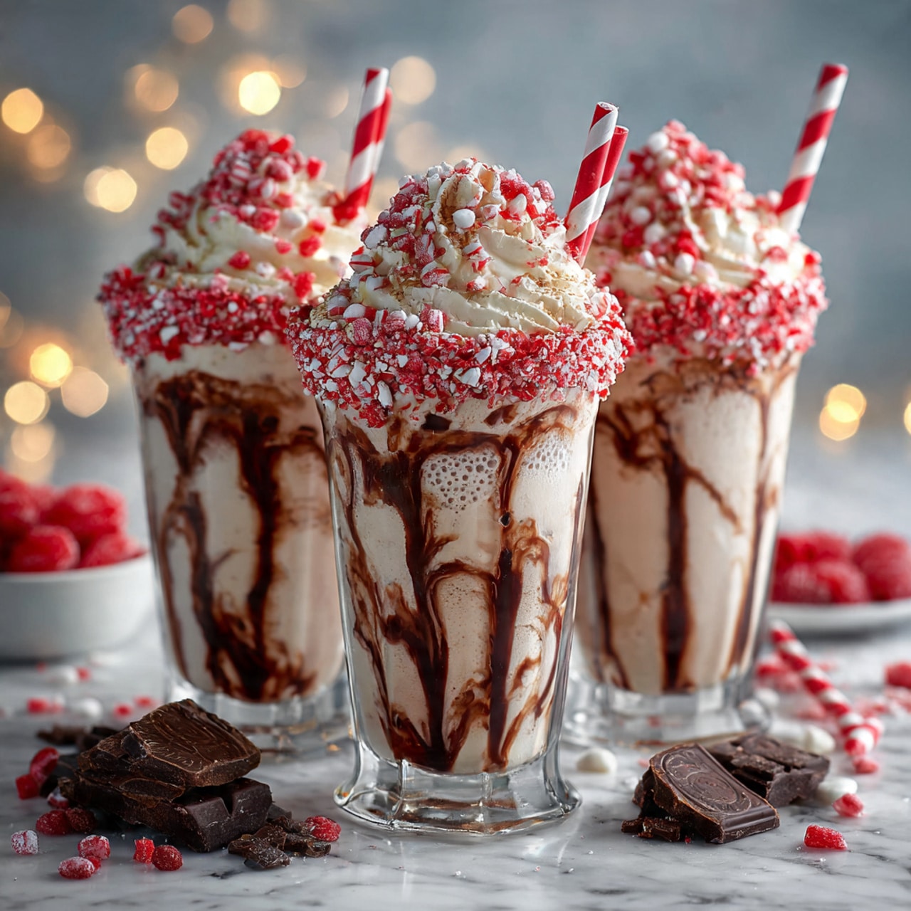 The image shows three clear glasses filled with a light brown milkshake mixed with chocolate swirls inside the glass. Each glass has a thick layer of crushed red and white candy on the rim, with a generous heap of crushed candy on top of the milkshake. Two striped red and white paper straws stick out of the two glasses in front, while the glass in the back has one straw. The glasses are placed on a white marbled surface scattered with pieces of dark chocolate and crushed candy. The background features warm bokeh lights creating a cozy feel. Photo taken with an iphone --ar 4:5 --v 7