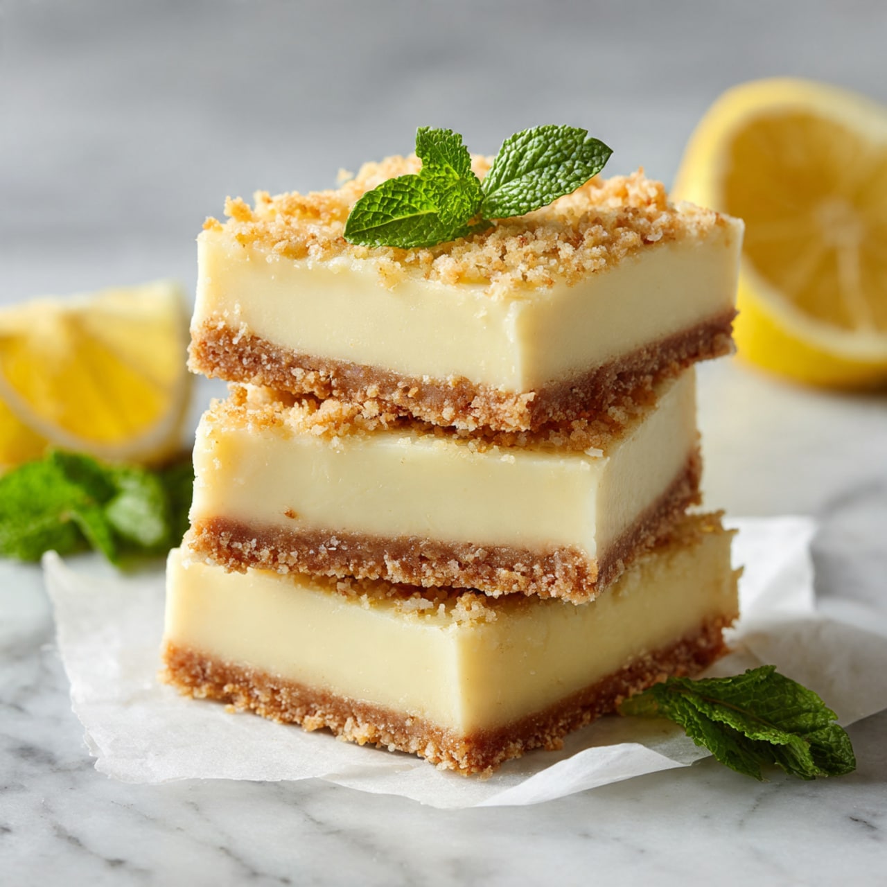Three lemon bars are stacked on top of each other, each with two layers: a thick, smooth, pale yellow lemon filling on top and a crumbly, light brown crust at the bottom. A woman's hand with light blue nail polish is gently holding the top bar. The bars sit on a white marbled surface, with a small green mint leaf slightly blurred in the background. The overall scene looks fresh and bright, with soft natural lighting. Photo taken with an iphone --ar 4:5 --v 7