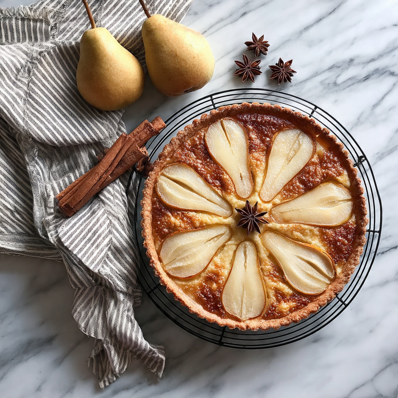 A round pear tart with a golden brown crust, scalloped edges, and a slightly bumpy textured top layer dusted with white powdered sugar. The top layer has five evenly spaced sections of thinly sliced pear halves fanned out, showing a soft yellow color with light browning from baking. The tart rests on a white marbled surface next to a whole pear, two pear halves showing the smooth white inside and brown seeds, a cinnamon stick, and a star anise. The overall image has a warm and inviting look. photo taken with an iphone --ar 4:5 --v 7