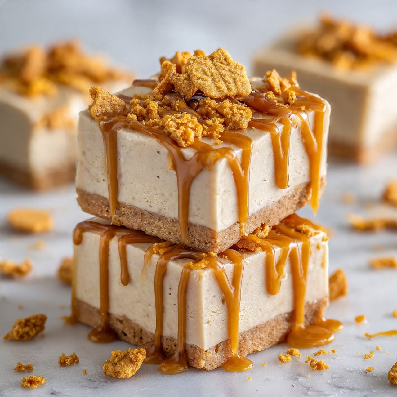 The image shows white fudge squares stacked on a white plate with a white marbled background. Each square has two visible layers: a thick creamy beige base with a smooth texture and a top layer with crunchy golden brown cookie pieces. Drizzled caramel sauce flows over the top, adding a sticky shine and soft texture contrast. The fudge pieces look dense and rich, with some cookie crumbs sprinkled on top. A woman's hand holds the edge of the plate in the background, slightly blurred. Photo taken with an iphone --ar 4:5 --v 7