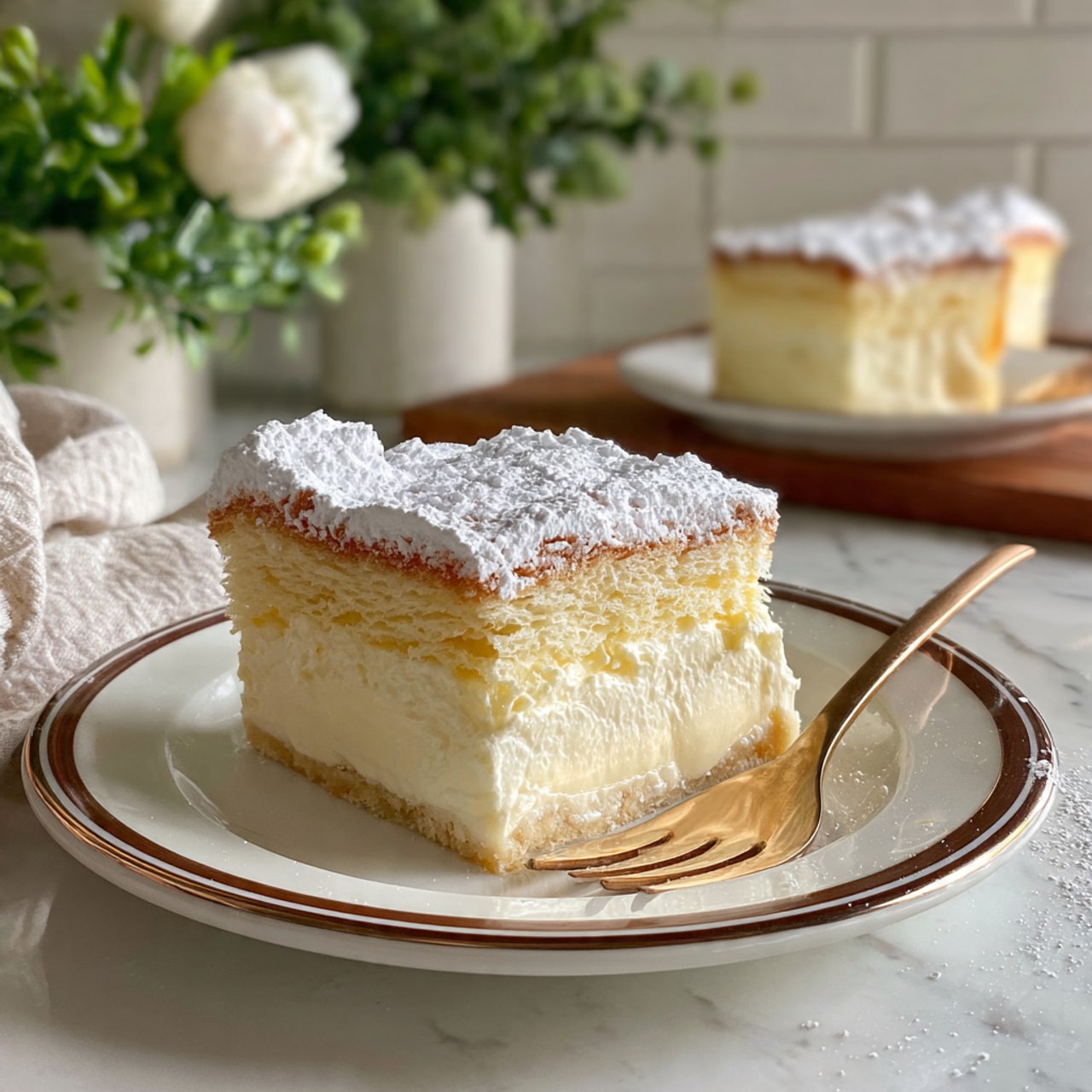 A square piece of layered dessert sits on a white plate with a thin brown rim, placed on a white marbled surface. The dessert has two layers: a thick creamy pale yellow bottom layer with a smooth texture and a light, fluffy pale yellow top layer dusted evenly with white powdered sugar. In the background, another piece of the dessert is visible on a similar plate, with a silver fork beside it. Fresh green leaves and small white flowers decorate the scene softly. The photo taken with an iphone --ar 4:5 --v 7