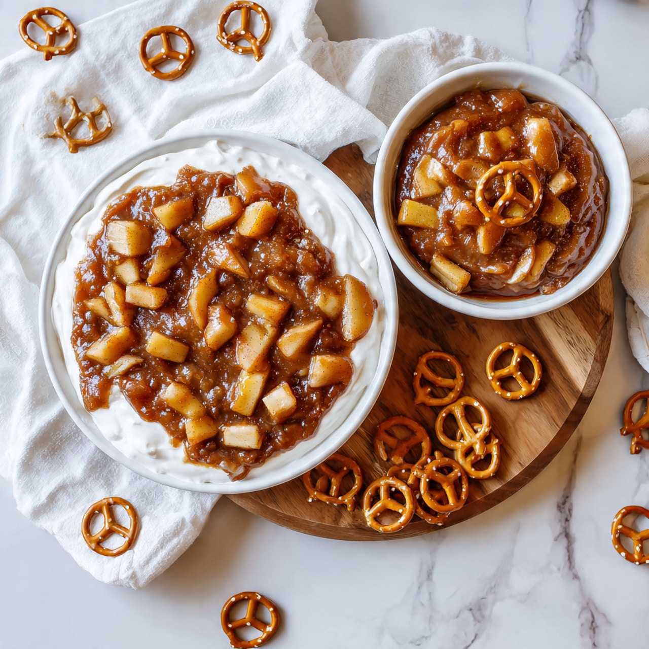 A close-up top view of a white round dish on a wooden board with a layer of white creamy base, topped with a thick, chunky sauce made of chopped apples in a brownish cinnamon sauce, mostly spread evenly with some pretzels placed on the right side on top of the sauce; next to it, a small white bowl filled with the same apple sauce and a single pretzel on top; scattered dry pretzels surround both dishes on a white cloth and white marbled surface; photo taken with an iphone --ar 4:5 --v 7