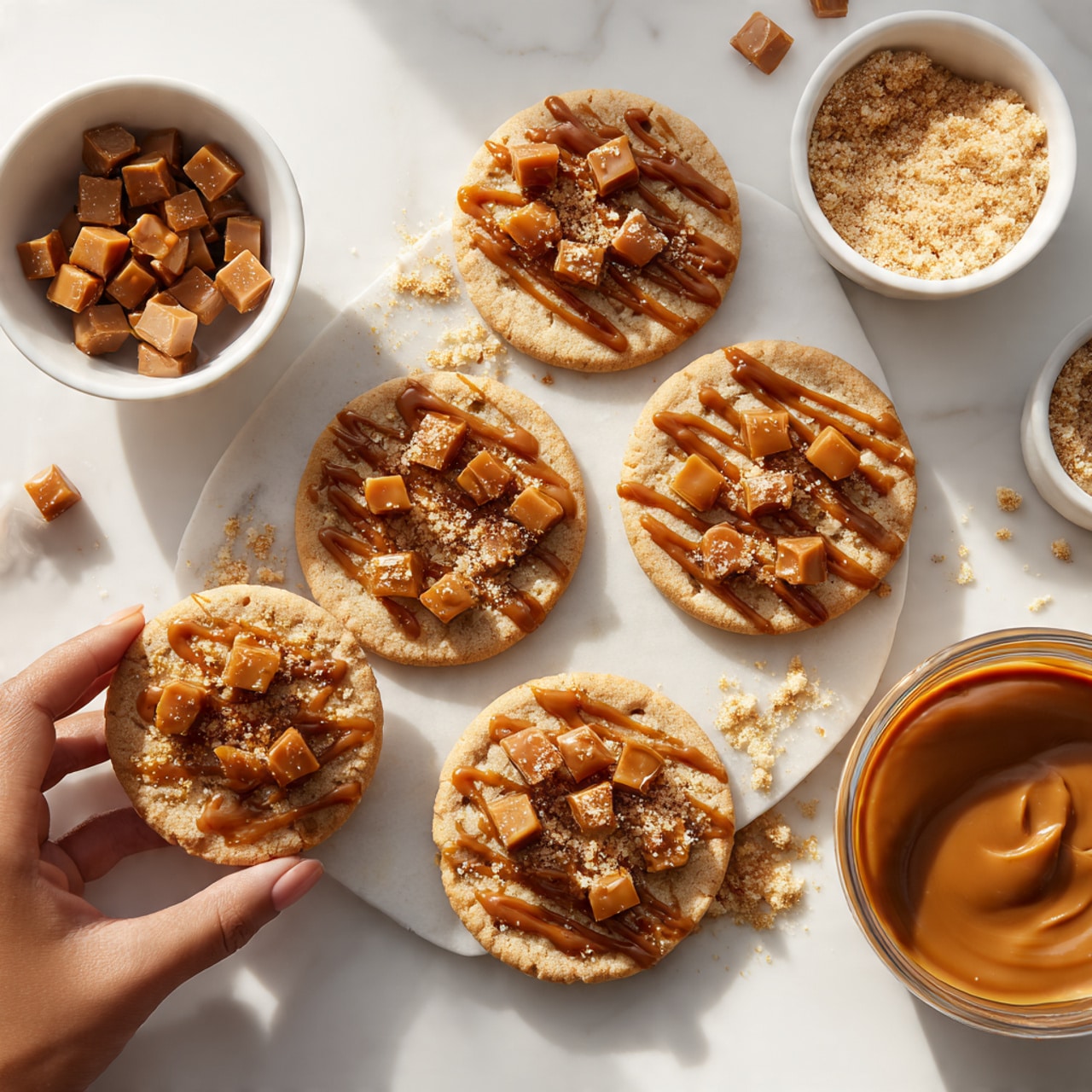 The image shows several round cookies laid out on a white marbled surface. Each cookie has a topping made of small caramel-colored chunks with a sticky, glossy texture, likely caramel or a similar sauce, drizzled over them in thin lines. The topping is sprinkled with small crumbs that add a slightly rough texture and light tan color. In the top left corner, there is a white bowl filled with the caramel chunks, and next to it, a small white bowl with light tan crumbs. In the bottom right corner, a white bowl holds a smooth and shiny caramel sauce. A woman's hand is holding one cookie near the top of the image. The overall color palette is warm with hues of tan, caramel, and light brown. Photo taken with an iphone --ar 4:5 --v 7
