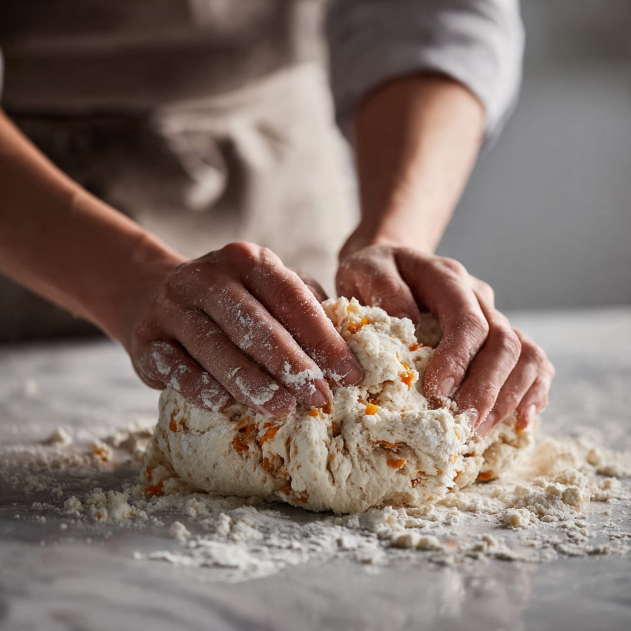 Two woman's hands are pressing and folding a rough dough on a white marbled surface. The dough looks soft and thick with visible bits of an orange ingredient mixed inside. There is a lot of flour scattered around the dough and the woman's hands. The scene shows close detail of the dough texture and the gentle pressure of the hands shaping it. Photo taken with an iphone --ar 4:5 --v 7