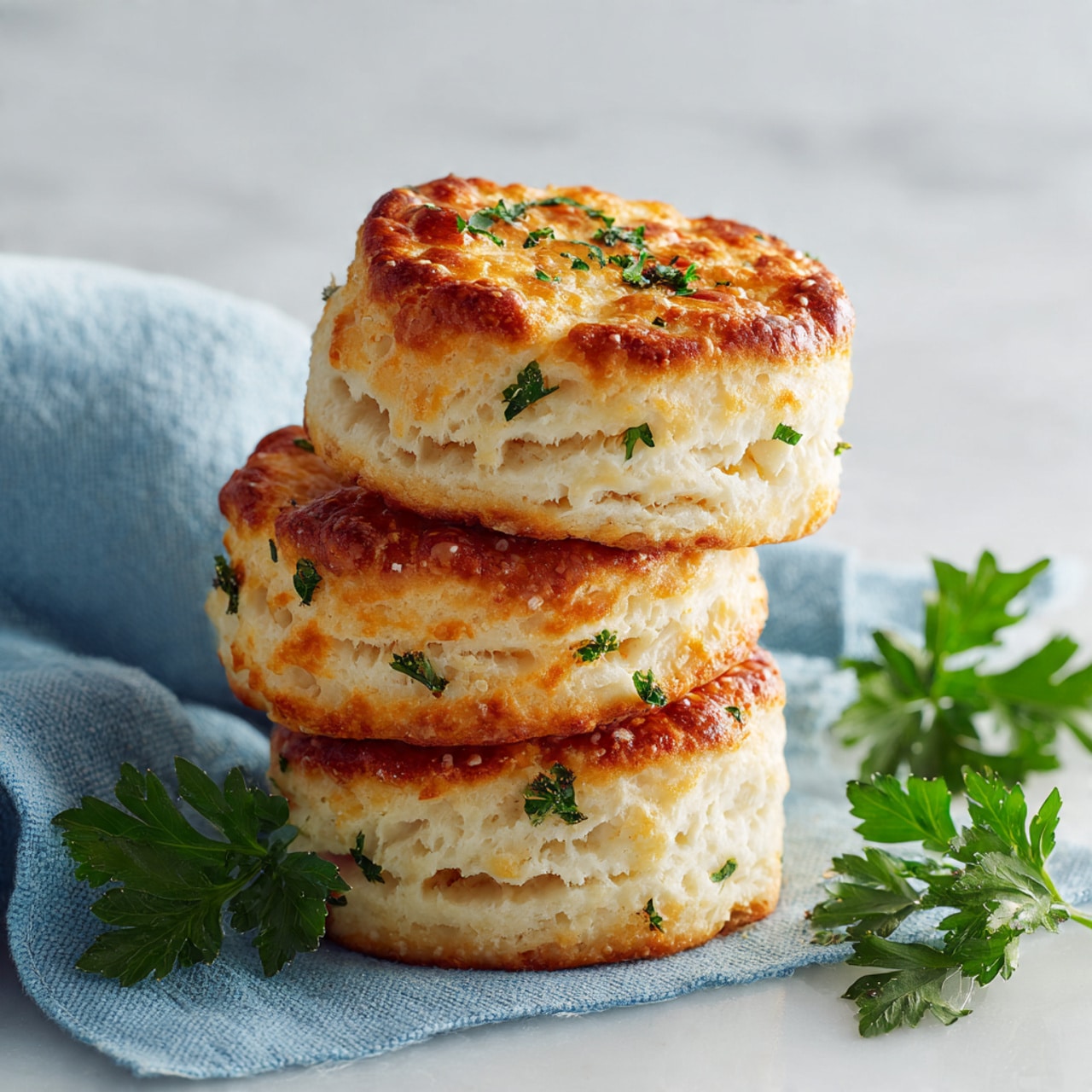 The image shows three stacked, golden-brown biscuits with a crispy, flaky texture and small layers visible on the sides. Each biscuit has uneven, rough tops, with sprinkled green parsley pieces adding a pop of color. They rest on a soft blue cloth, with a sprig of parsley placed near the biscuits. The background features a white marbled texture, creating a clean and bright setting. photo taken with an iphone --ar 4:5 --v 7