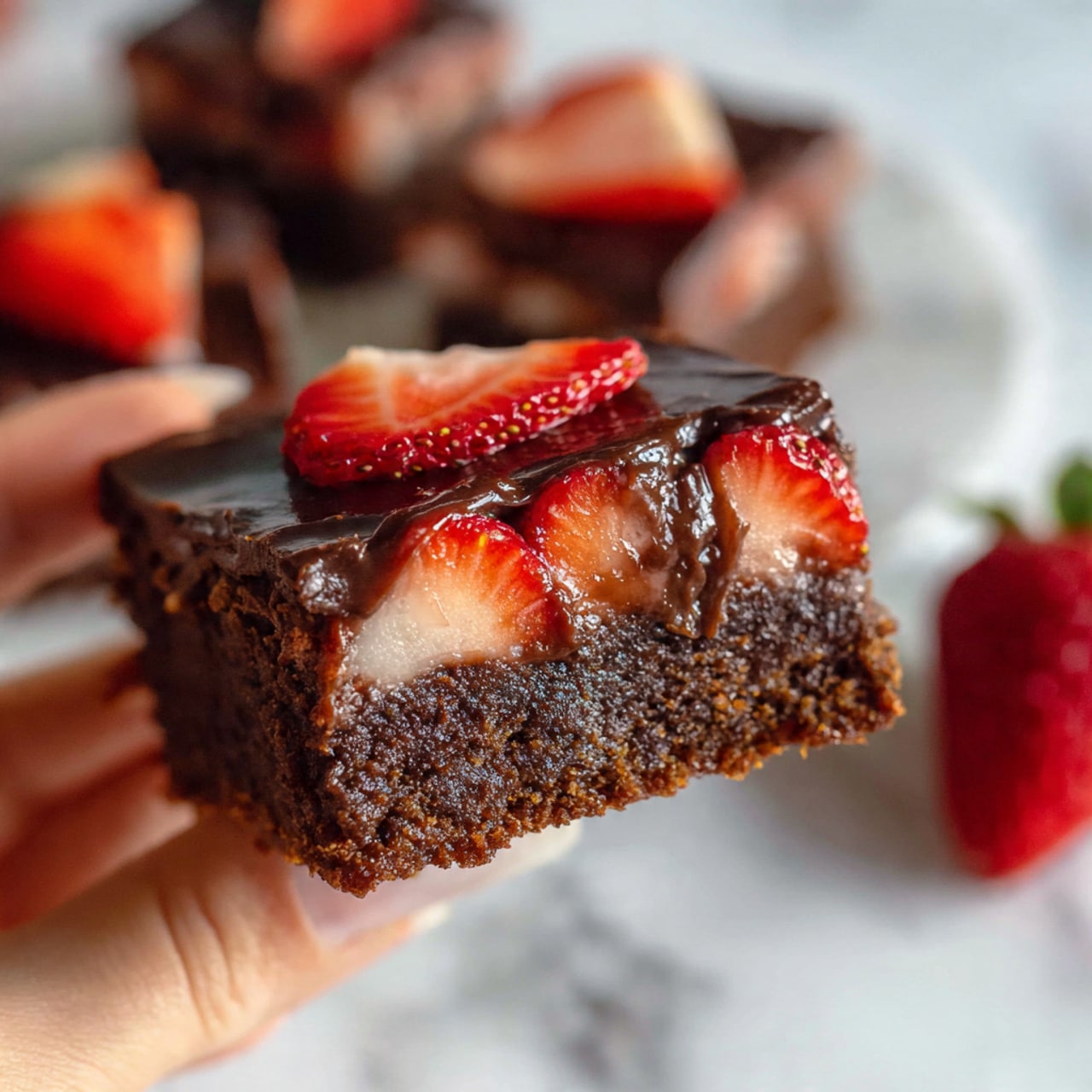 A close-up view of a woman's hand holding a square piece of chocolate brownie with layers. The bottom layer is dark brown, soft, and moist brownie with a slightly crumbly texture. The top layer is a thick, glossy dark chocolate ganache that covers the brownie completely and has sliced bright red strawberries embedded within it, showing their juicy inside. In the background, blurred pieces of the same dessert and whole strawberries are visible on a white marbled surface. Photo taken with an iphone --ar 4:5 --v 7