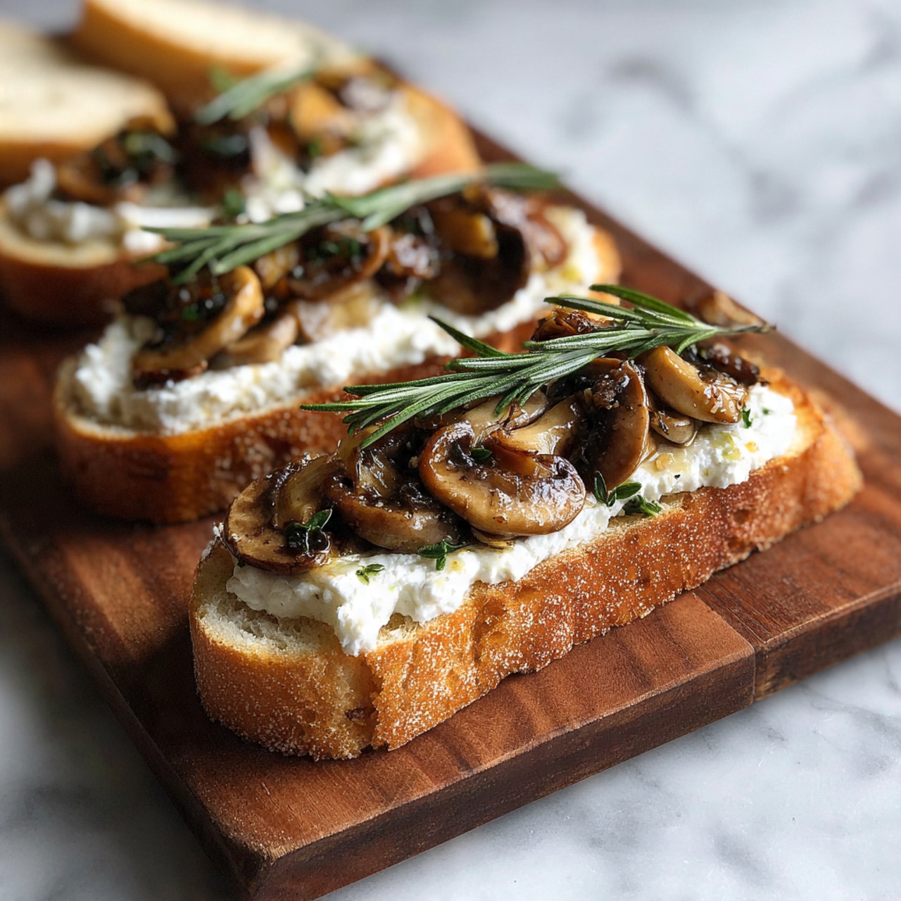 The image shows three slices of bread arranged diagonally on a wooden board. Each slice has a thick white spread covering the top layer, creating a smooth and creamy texture. On top of the spread, there is a mix of brown and golden sautéed mushrooms, some with a slightly glossy finish, adding a rich look. A small green sprig, likely rosemary, is placed on each slice, giving a fresh touch. The background holds a white marbled surface, with blurred pieces of plain sliced bread in the back. Photo taken with an iphone --ar 4:5 --v 7