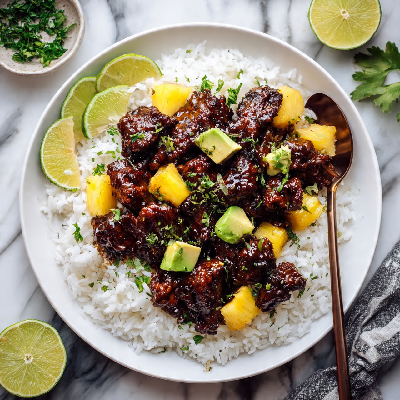 A white plate sits on a white marbled surface filled with a layer of white rice spread evenly at the bottom. On top of the rice, there are several pieces of dark brown glazed grilled chicken, arranged mostly in the center. Scattered around the chicken are small bright yellow cubes of pineapple and light green cubes of avocado, adding color contrast. Sprigs of fresh green thyme are placed on top of the dish and a couple of lime wedges rest on the side of the plate. The overall look is tidy with pops of green and yellow against the white rice and dark chicken. Photo taken with an iphone --ar 4:5 --v 7
